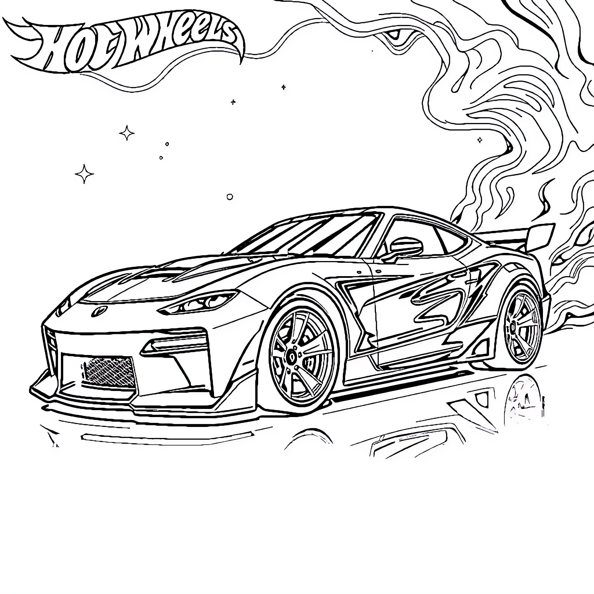 Hot Wheels Fast Sports Car in Motion Coloring Page (free black-and-white line drawing printable PDF for all, from beginners to advanced learners, including children, teens, adults, and seniors)