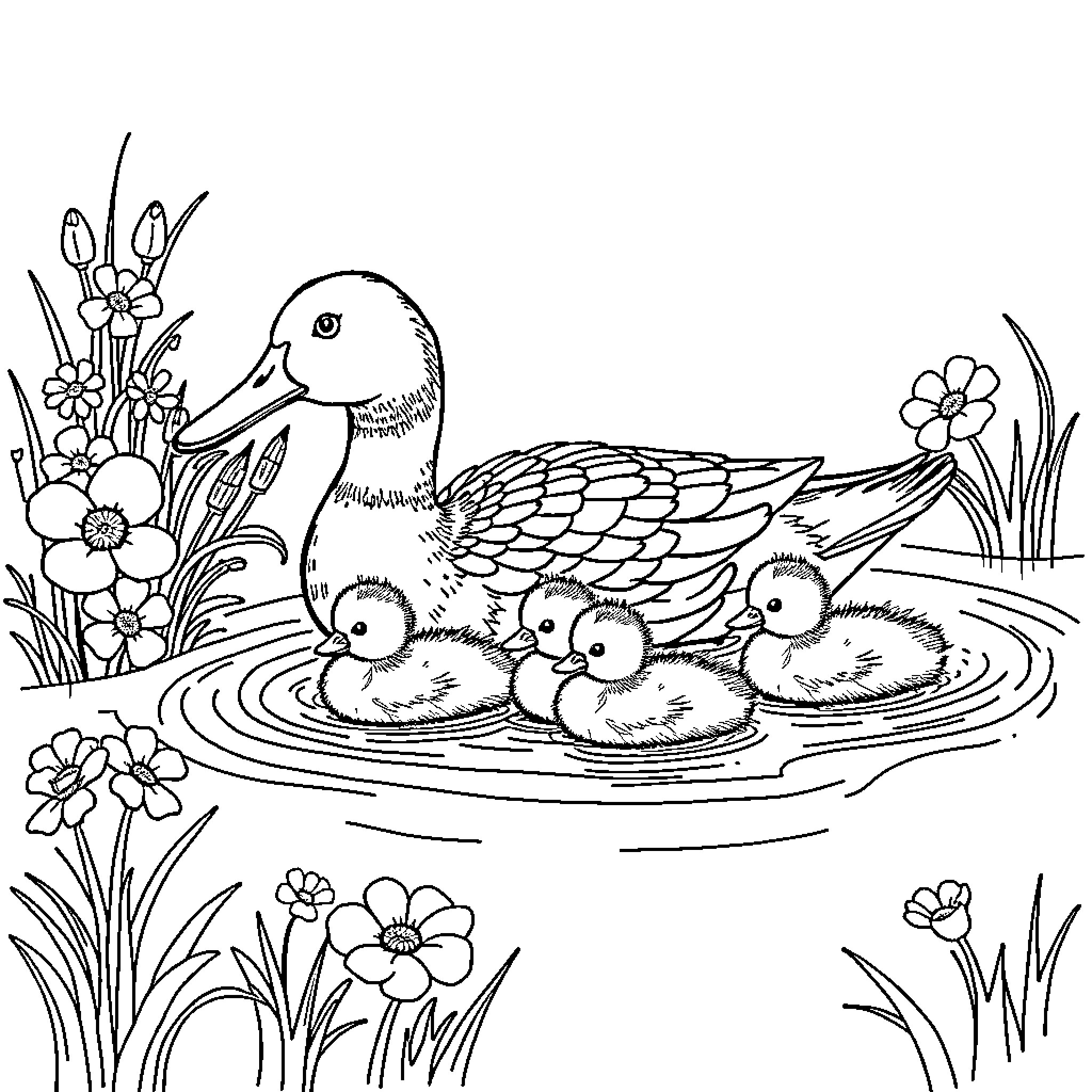 Duck and Ducklings Swimming in Flowery Pond Coloring Page (free black-and-white line drawing printable PDF for all, from beginners to advanced learners, including children, teens, adults, and seniors)