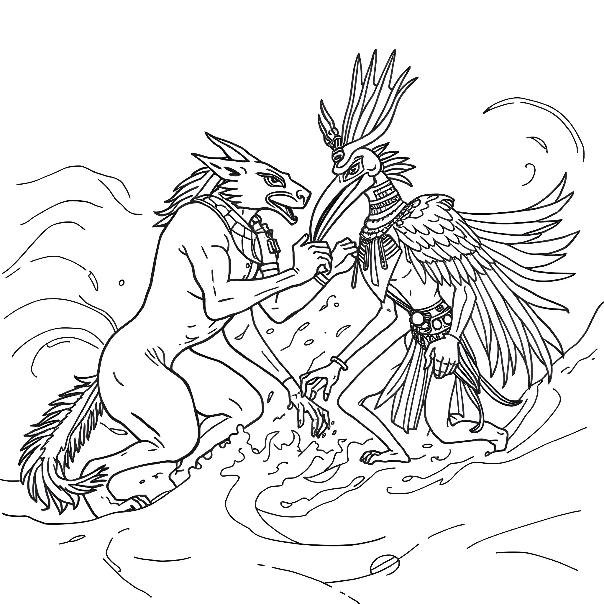 Anubis and the Winged Deity in Mystical Encounter Coloring Page (free black-and-white line drawing printable PDF for all, from beginners to advanced learners, including children, teens, adults, and seniors)