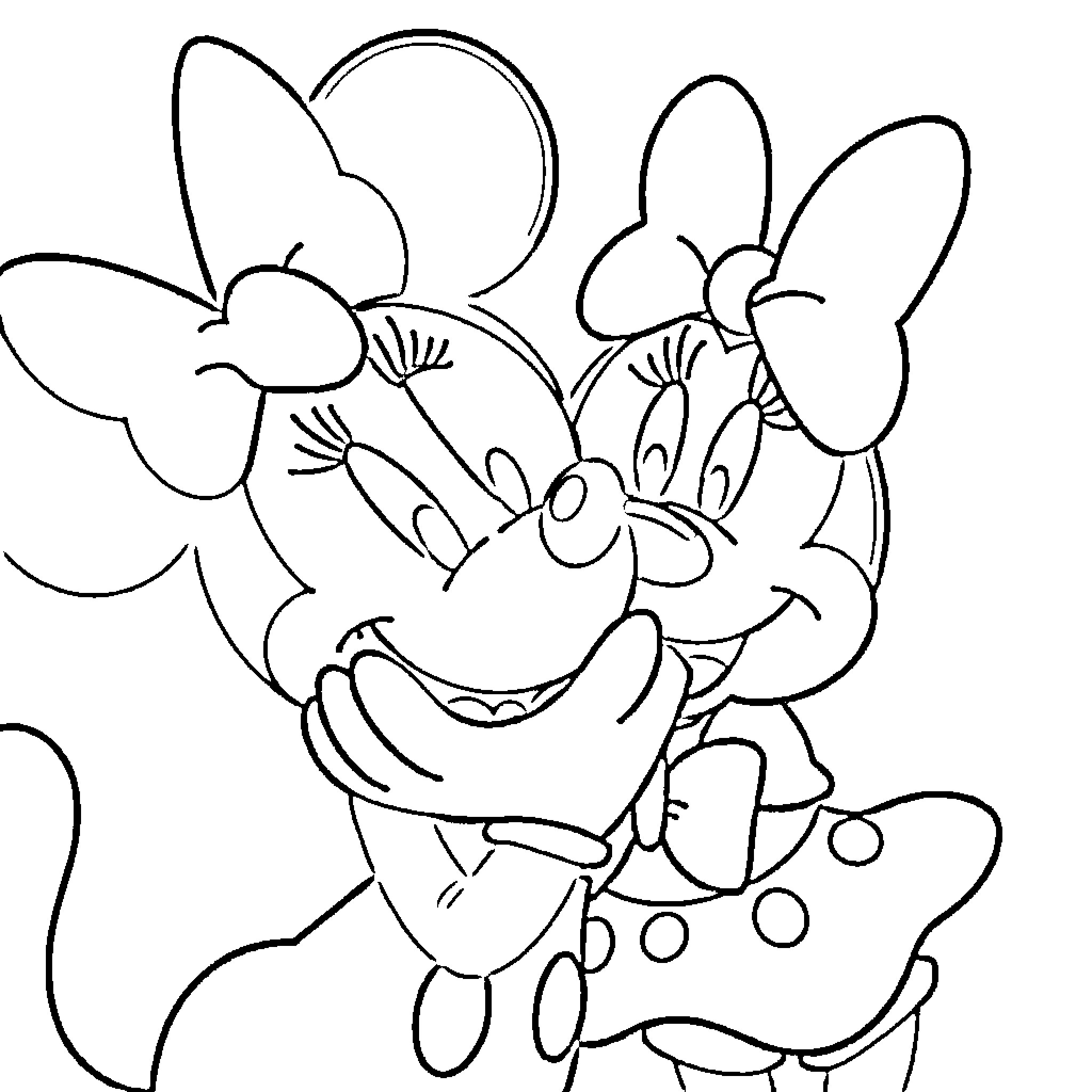 Minnie Mouse posing happily with big bow Coloring Page (free black-and-white line drawing printable PDF for all, from beginners to advanced learners, including children, teens, adults, and seniors)