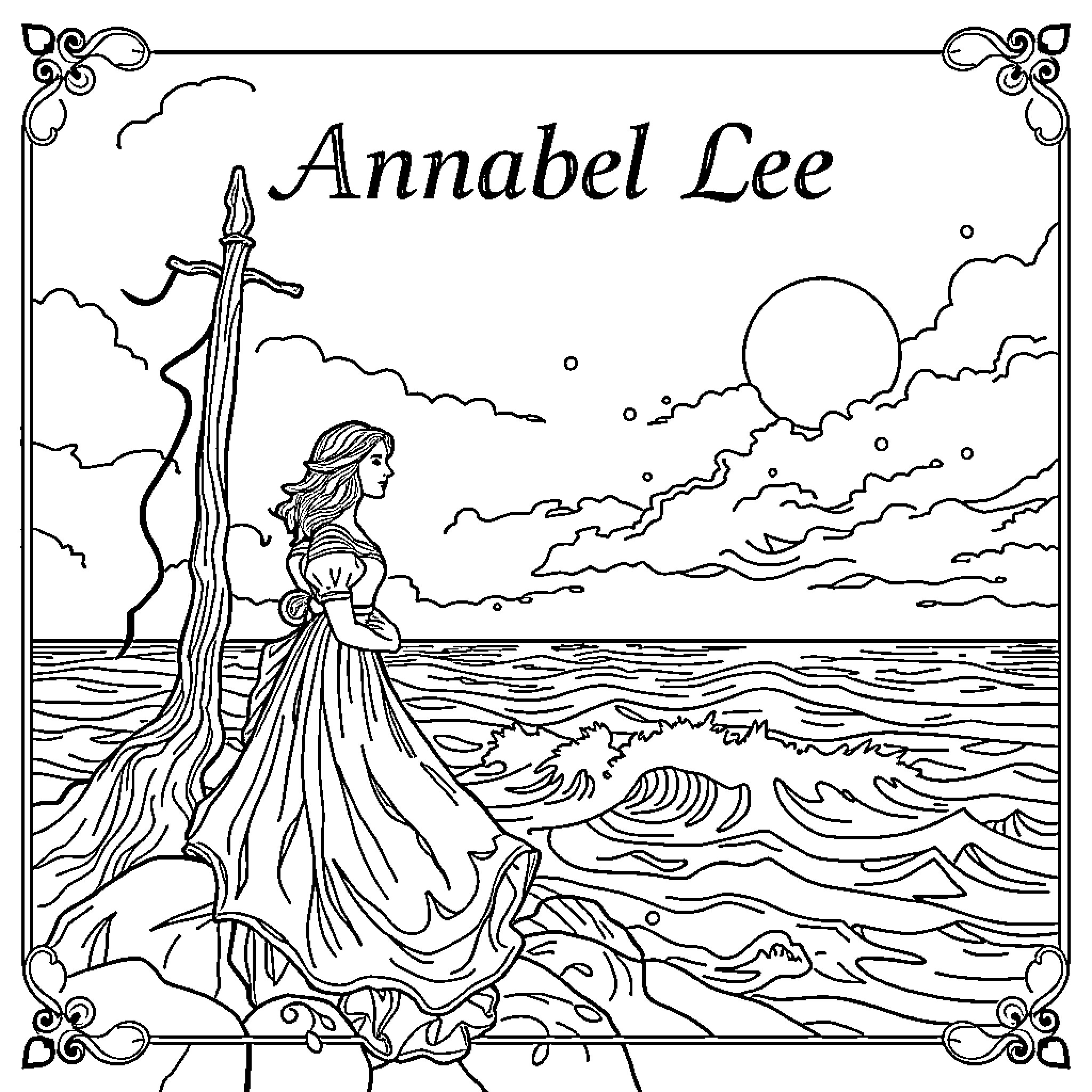 Annabel Lee: Woman in Flowing Dress by the Stormy Sea Coloring Page (free black-and-white line drawing printable PDF for all, from beginners to advanced learners, including children, teens, adults, and seniors)