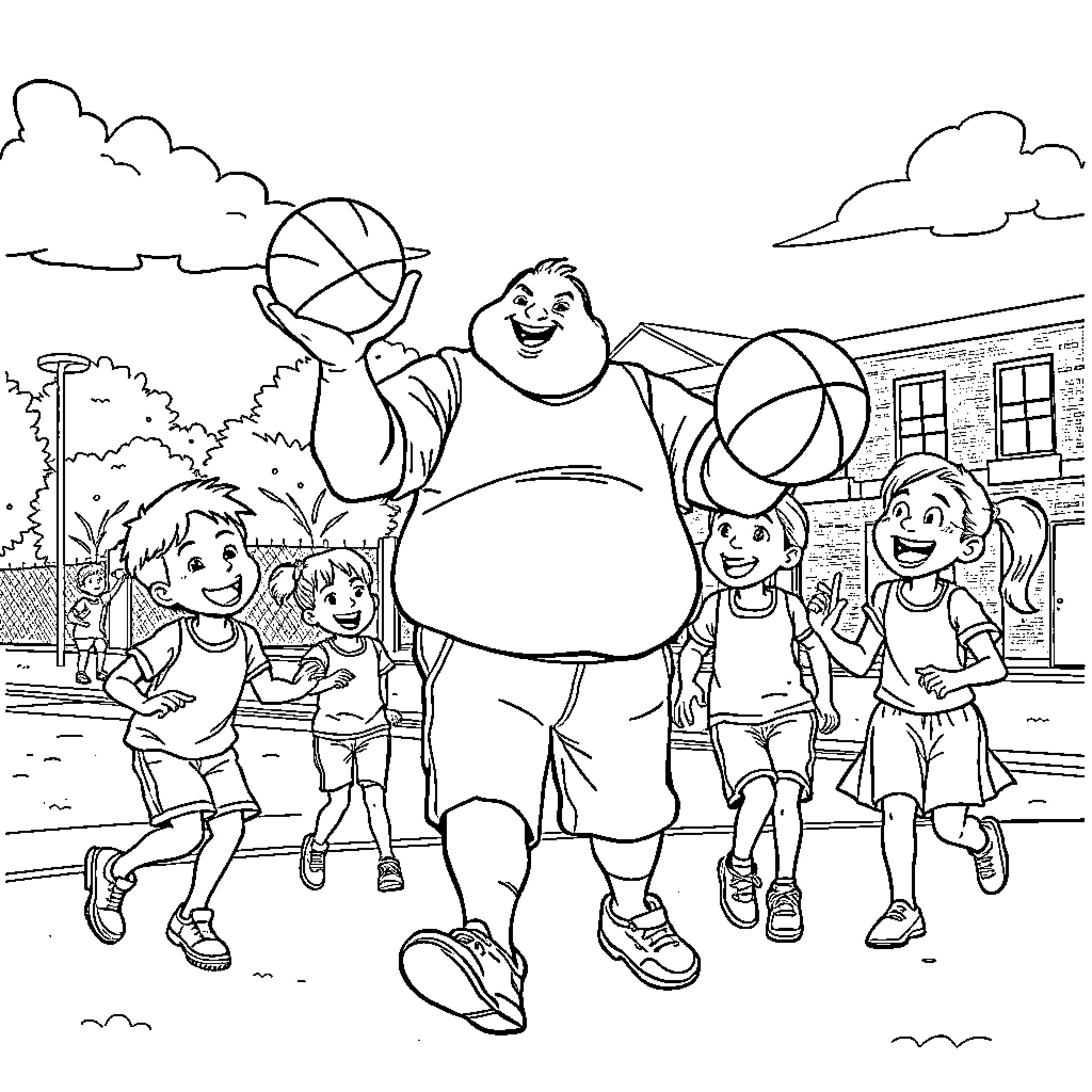 PE Teacher leading group of students in outdoor activities Coloring Page (free black-and-white line drawing printable PDF for all, from beginners to advanced learners, including children, teens, adults, and seniors)