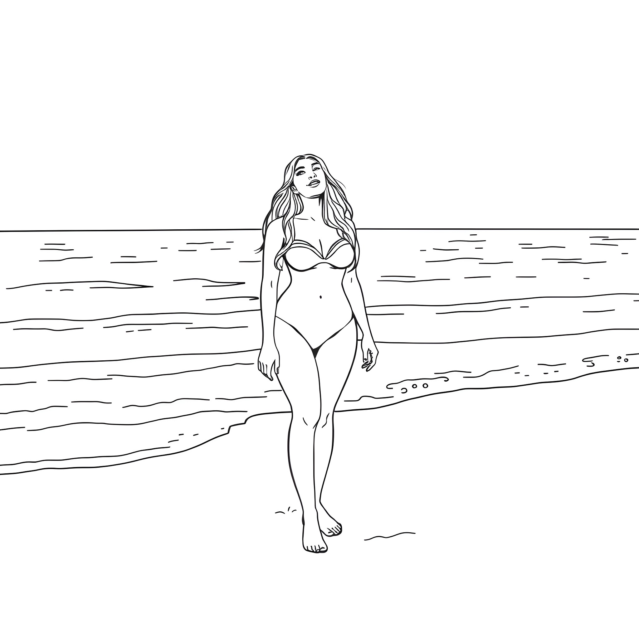 Angela White posing confidently on the beach Coloring Page (free black-and-white line drawing printable PDF for all, from beginners to advanced learners, including children, teens, adults, and seniors)