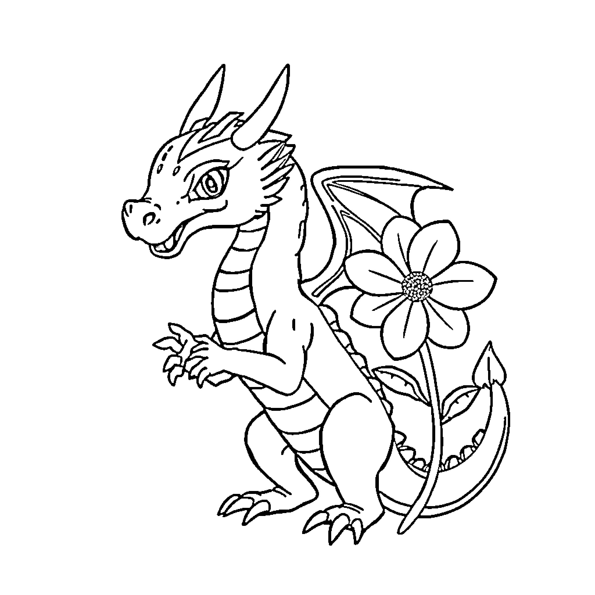 Dragon with Flowers and Leaves Coloring Page (free black-and-white line drawing printable PDF for all, from beginners to advanced learners, including children, teens, adults, and seniors)