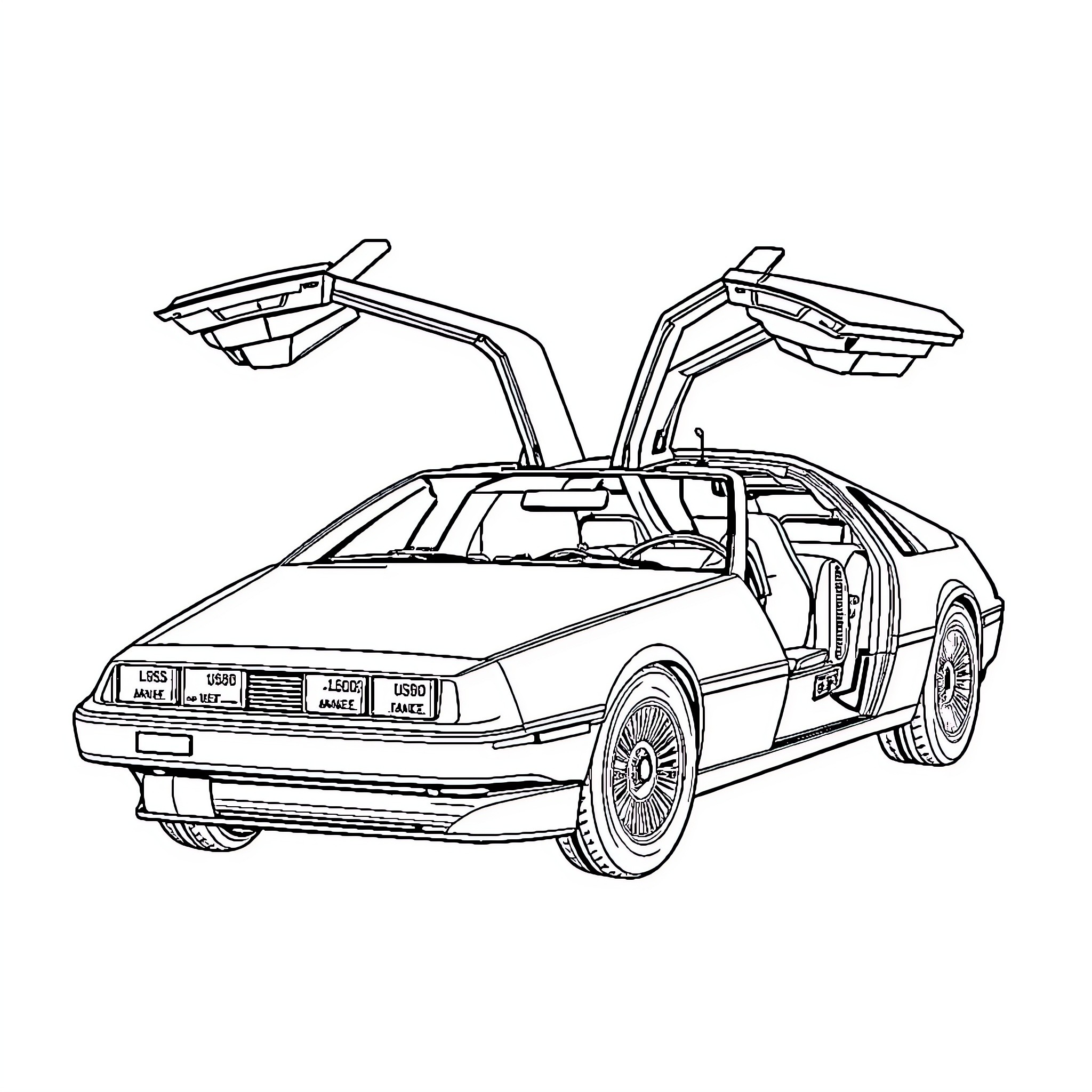 DeLorean time machine with gull-wing doors Coloring Page (free black-and-white line drawing printable PDF for all, from beginners to advanced learners, including children, teens, adults, and seniors)