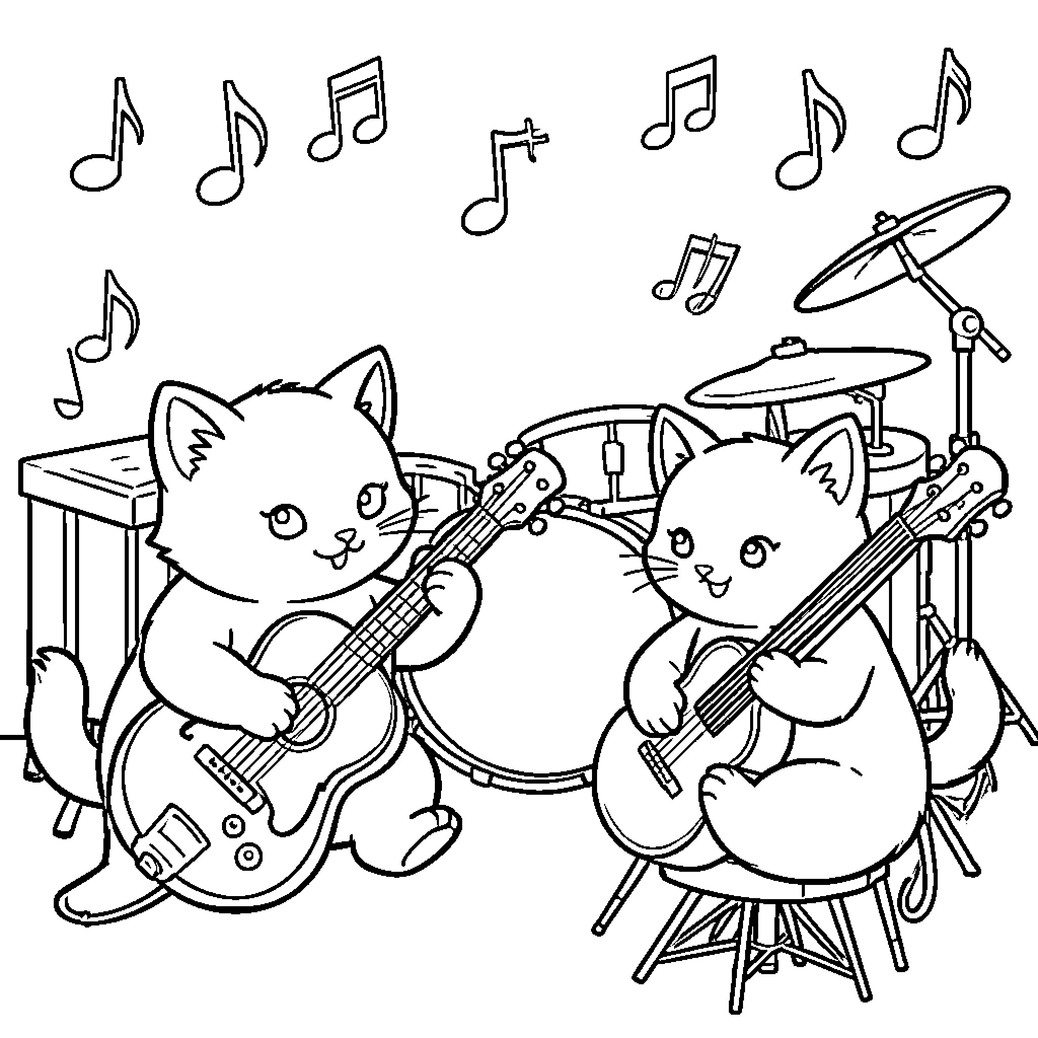 Kittens playing musical instruments in a band Coloring Page (free black-and-white line drawing printable PDF for all, from beginners to advanced learners, including children, teens, adults, and seniors)