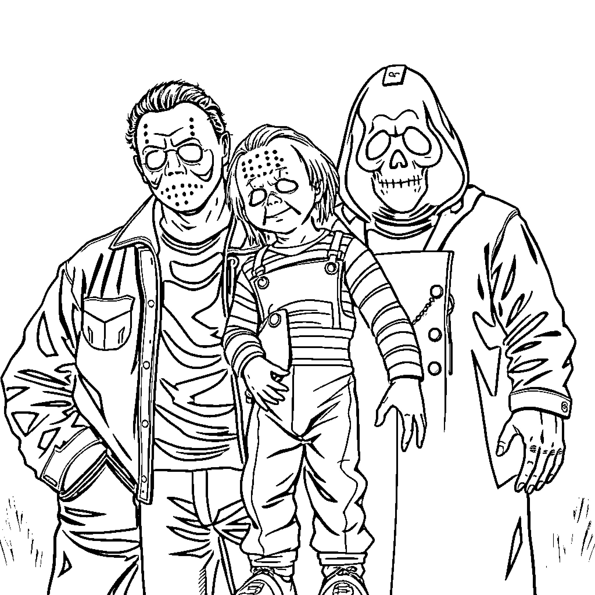Horror Characters in Sinister Attire Coloring Page (free black-and-white line drawing printable PDF for all, from beginners to advanced learners, including children, teens, adults, and seniors)
