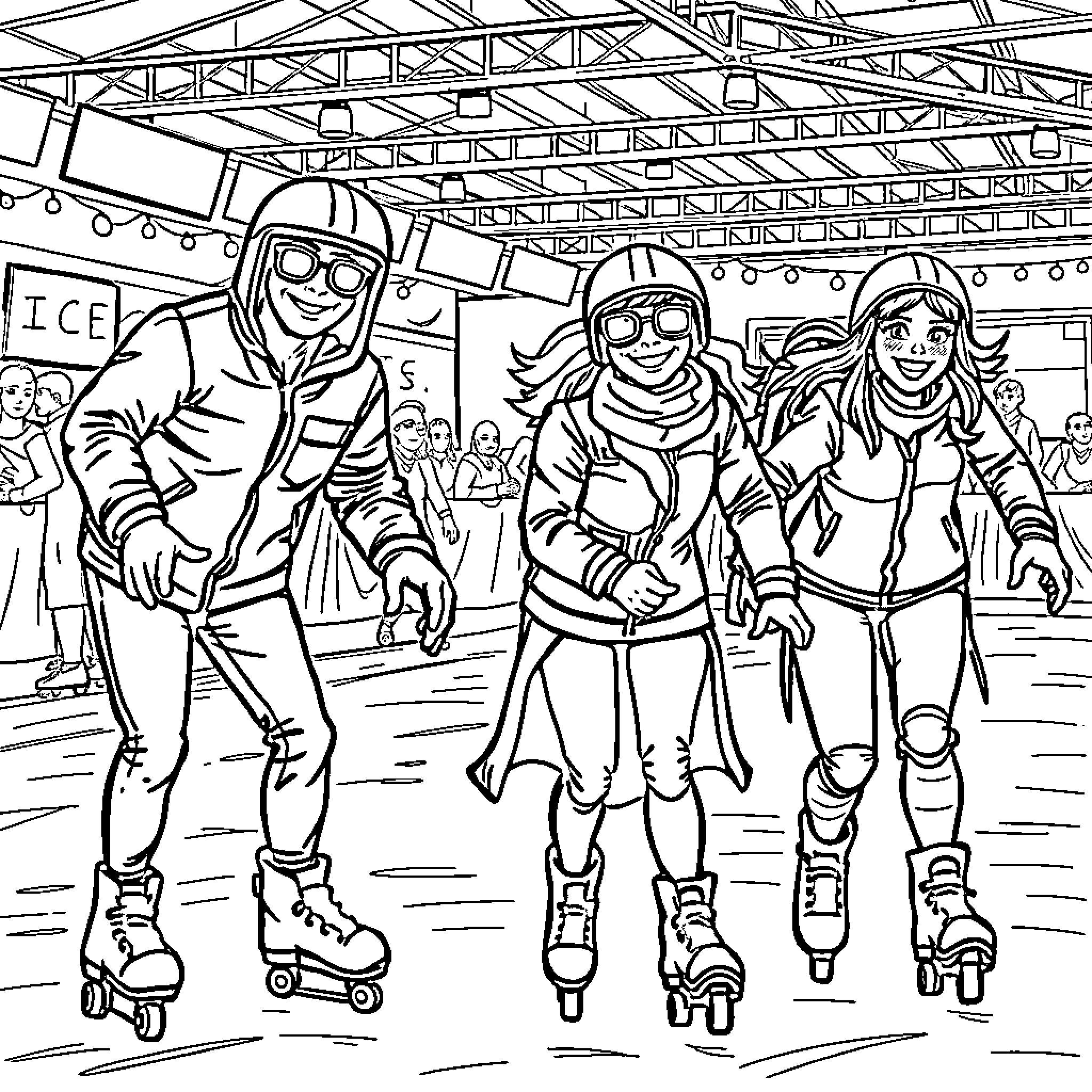 Ice Agent Trio Skating Triumphantly Coloring Page (free black-and-white line drawing printable PDF for all, from beginners to advanced learners, including children, teens, adults, and seniors)