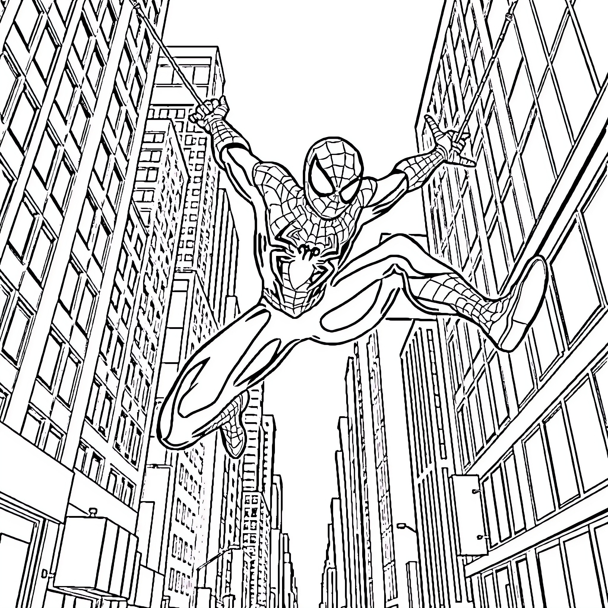 Spider-Man swinging through the city skyline Coloring Page (free black-and-white line drawing printable PDF for all, from beginners to advanced learners, including children, teens, adults, and seniors)