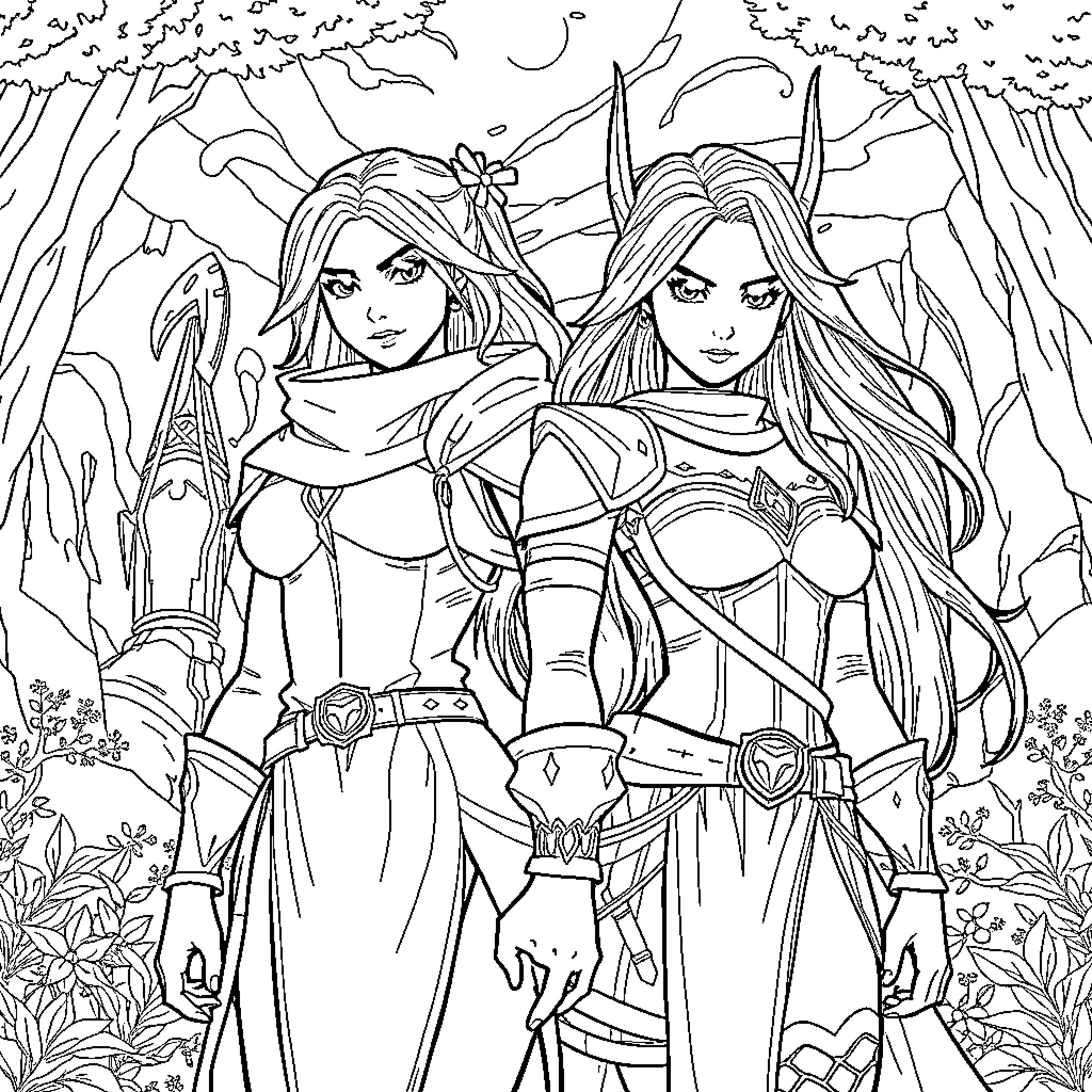 Valiant Warrior Women in Enchanted Forest Coloring Page (free black-and-white line drawing printable PDF for all, from beginners to advanced learners, including children, teens, adults, and seniors)