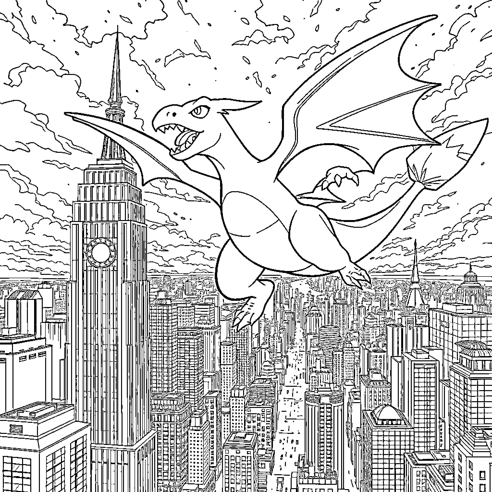 Charizard soaring over the city skyline Coloring Page (free black-and-white line drawing printable PDF for all, from beginners to advanced learners, including children, teens, adults, and seniors)