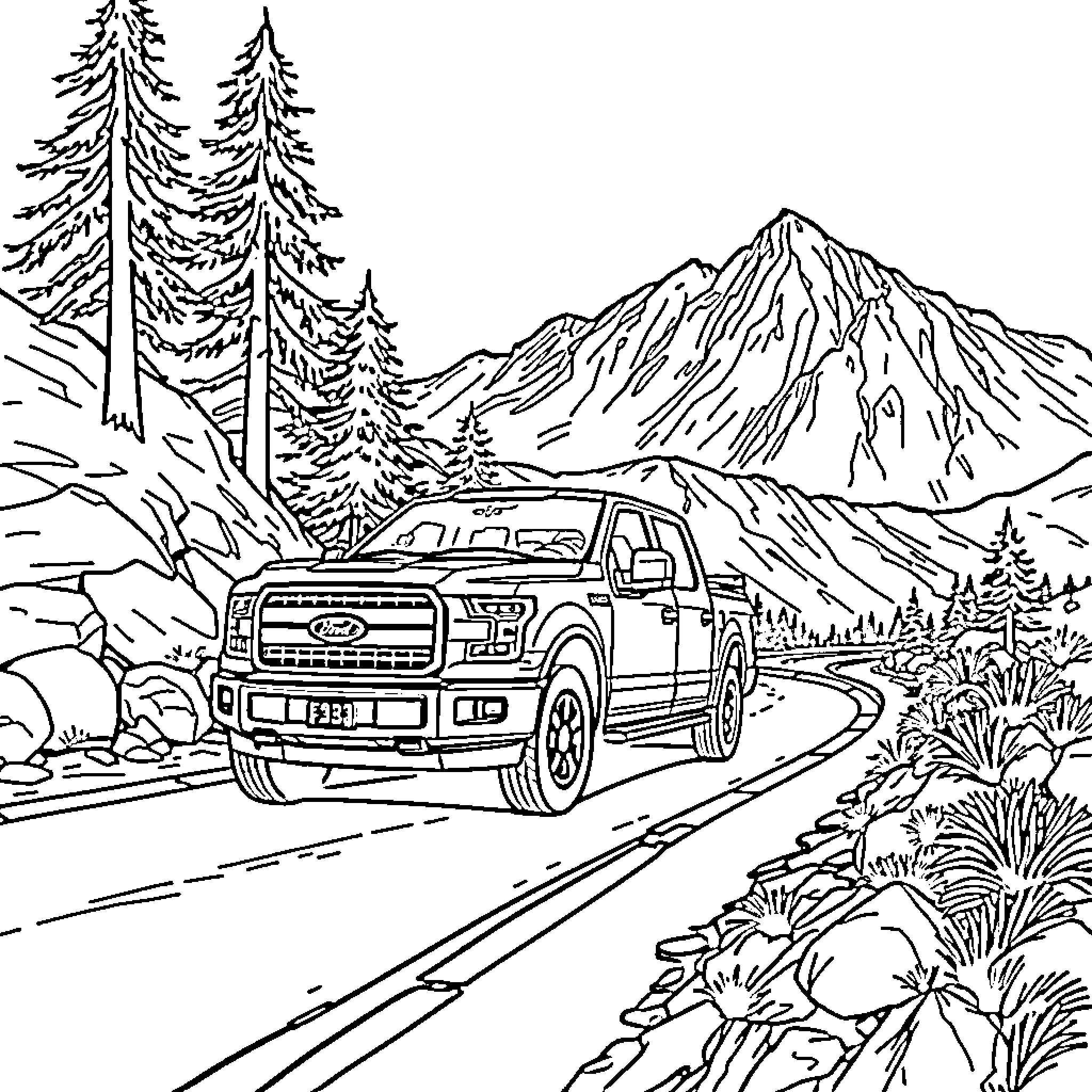 Ford F-150 driving through scenic mountain landscape Coloring Page (free black-and-white line drawing printable PDF for all, from beginners to advanced learners, including children, teens, adults, and seniors)