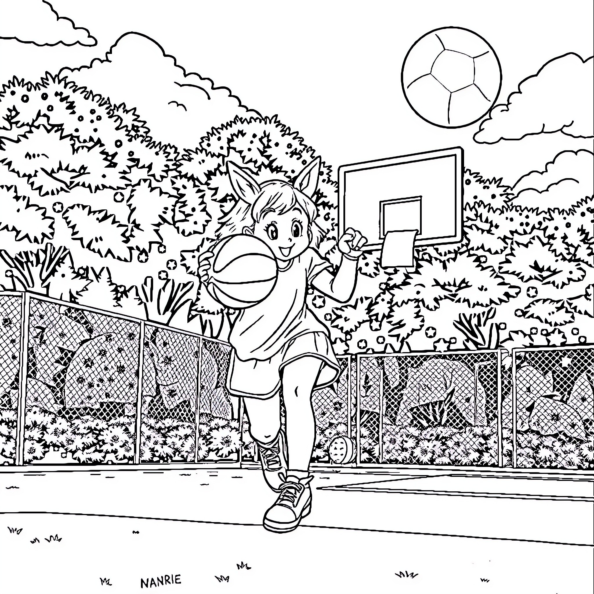 Menina enjoying outdoor basketball court in nature Coloring Page (free black-and-white line drawing printable PDF for all, from beginners to advanced learners, including children, teens, adults, and seniors)