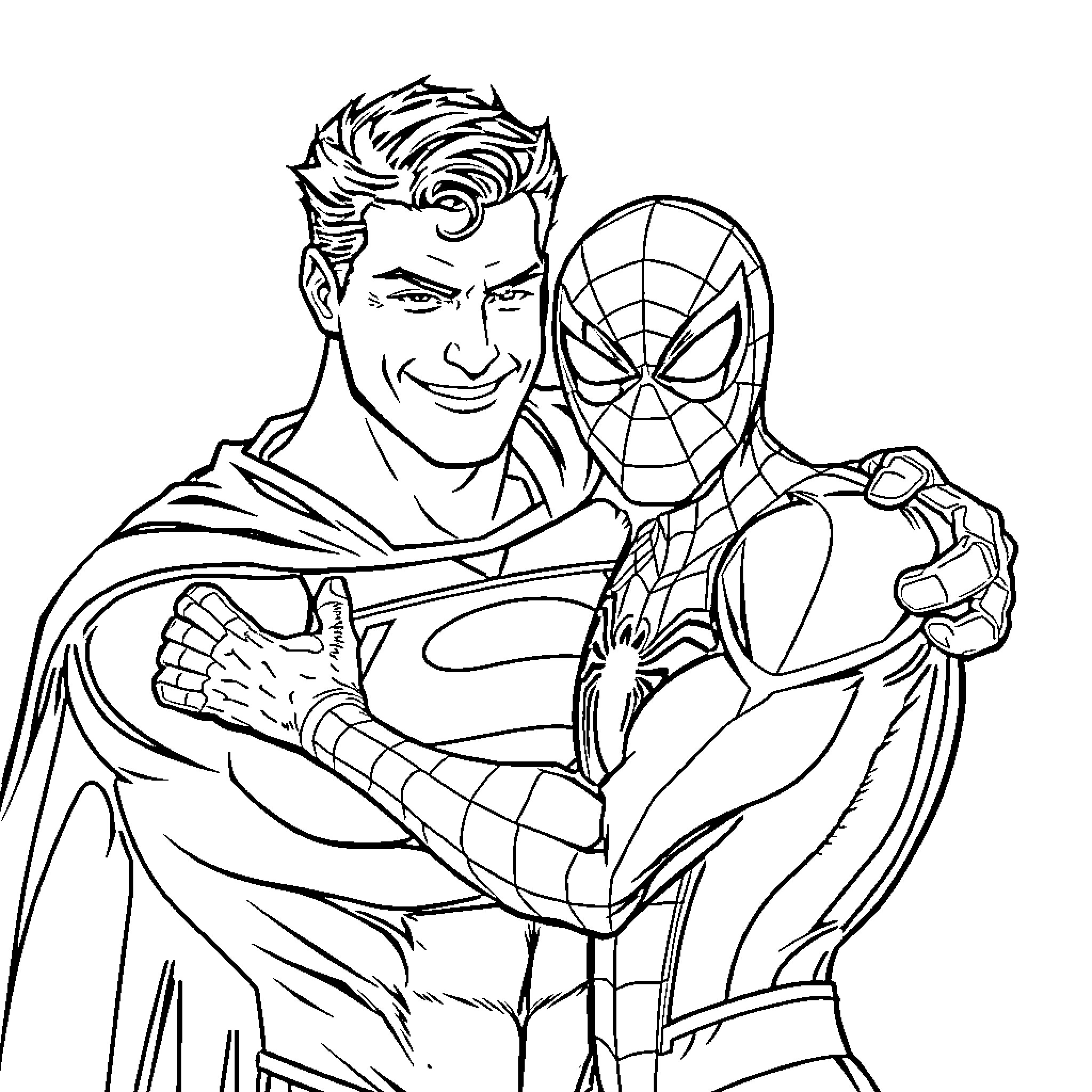 Superman and Spider-Man in heroic poses Coloring Page (free black-and-white line drawing printable PDF for all, from beginners to advanced learners, including children, teens, adults, and seniors)