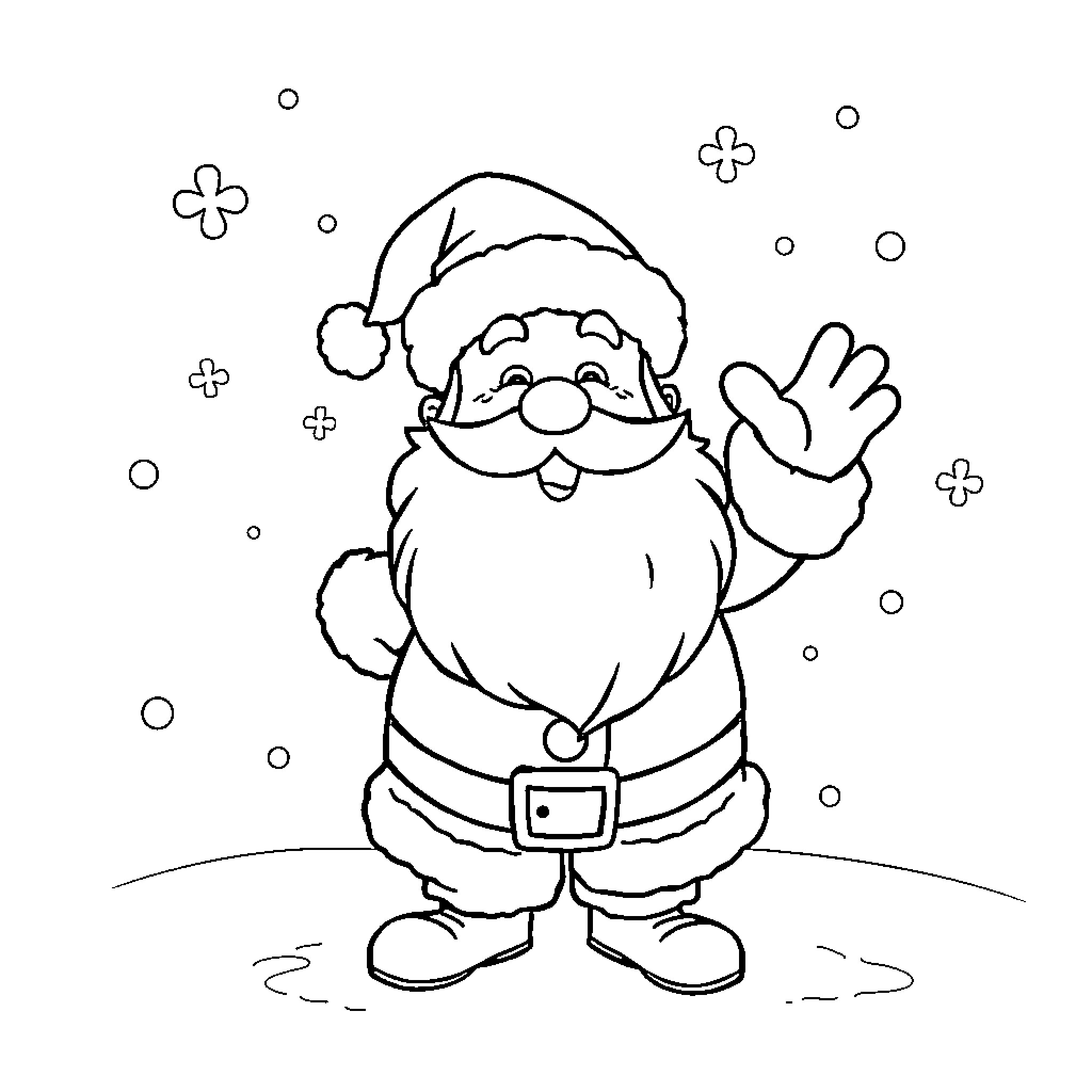 Santa Waves Joyfully Amidst Falling Snowflakes Coloring Page (free black-and-white line drawing printable PDF for all, from beginners to advanced learners, including children, teens, adults, and seniors)