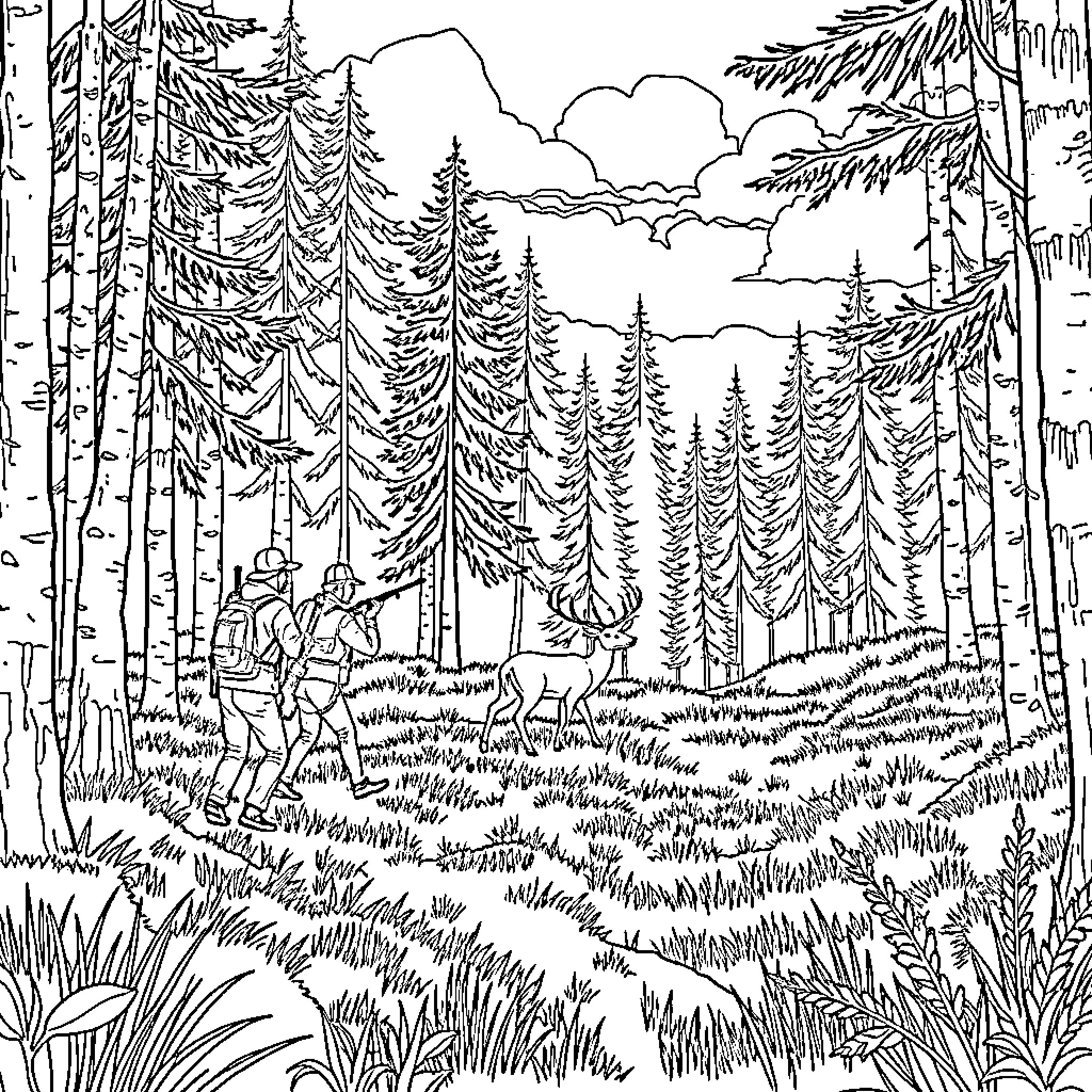 Deer roaming the serene forest landscape Coloring Page (free black-and-white line drawing printable PDF for all, from beginners to advanced learners, including children, teens, adults, and seniors)