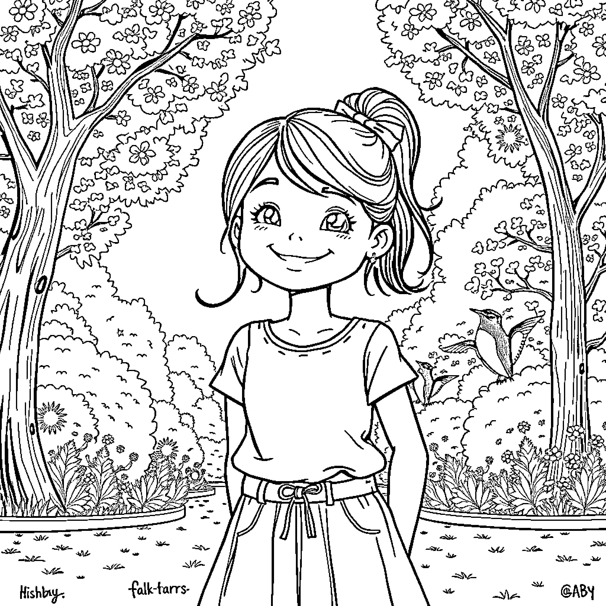 Gaby's Joyful Exploration in the Enchanted Forest Coloring Page (free black-and-white line drawing printable PDF for all, from beginners to advanced learners, including children, teens, adults, and seniors)