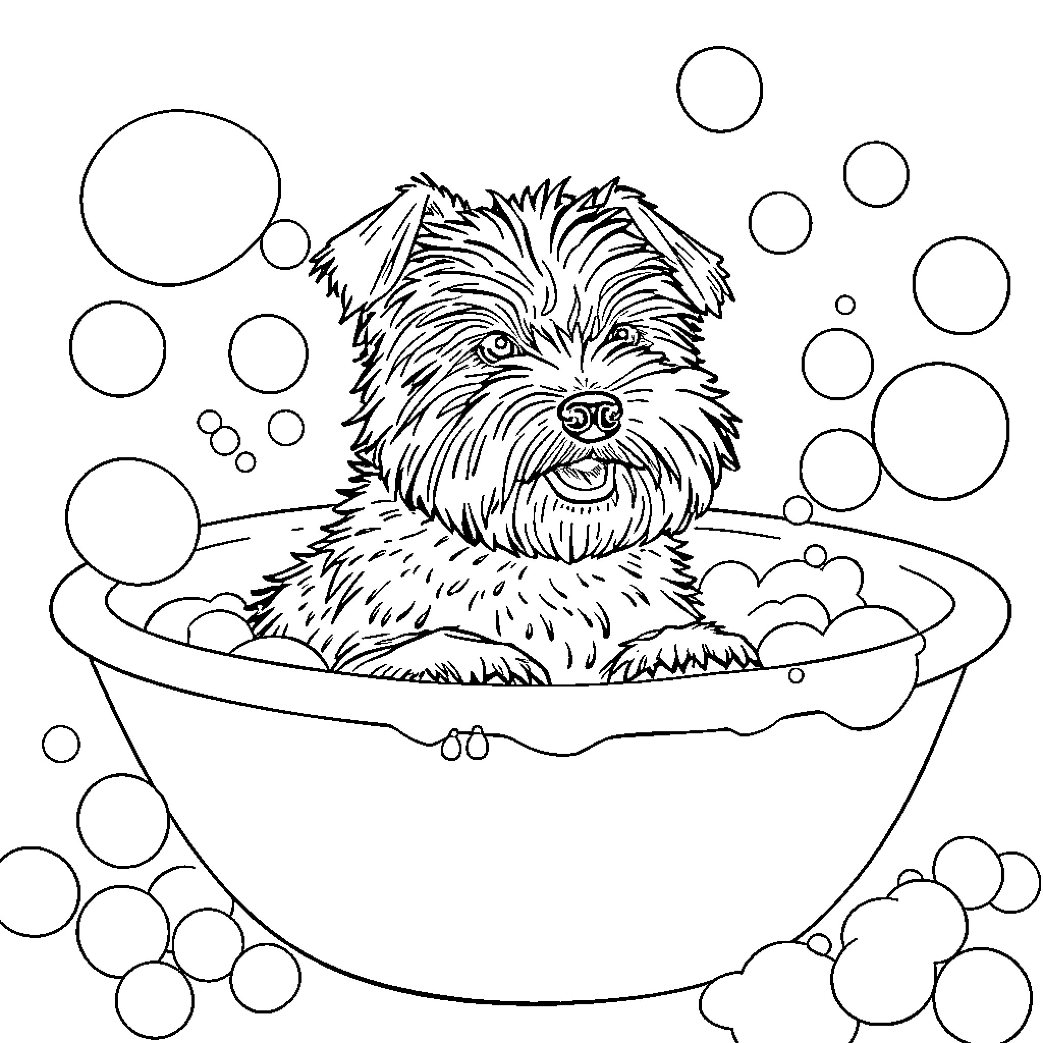 Terrier enjoying a bubbly bath Coloring Page (free black-and-white line drawing printable PDF for all, from beginners to advanced learners, including children, teens, adults, and seniors)