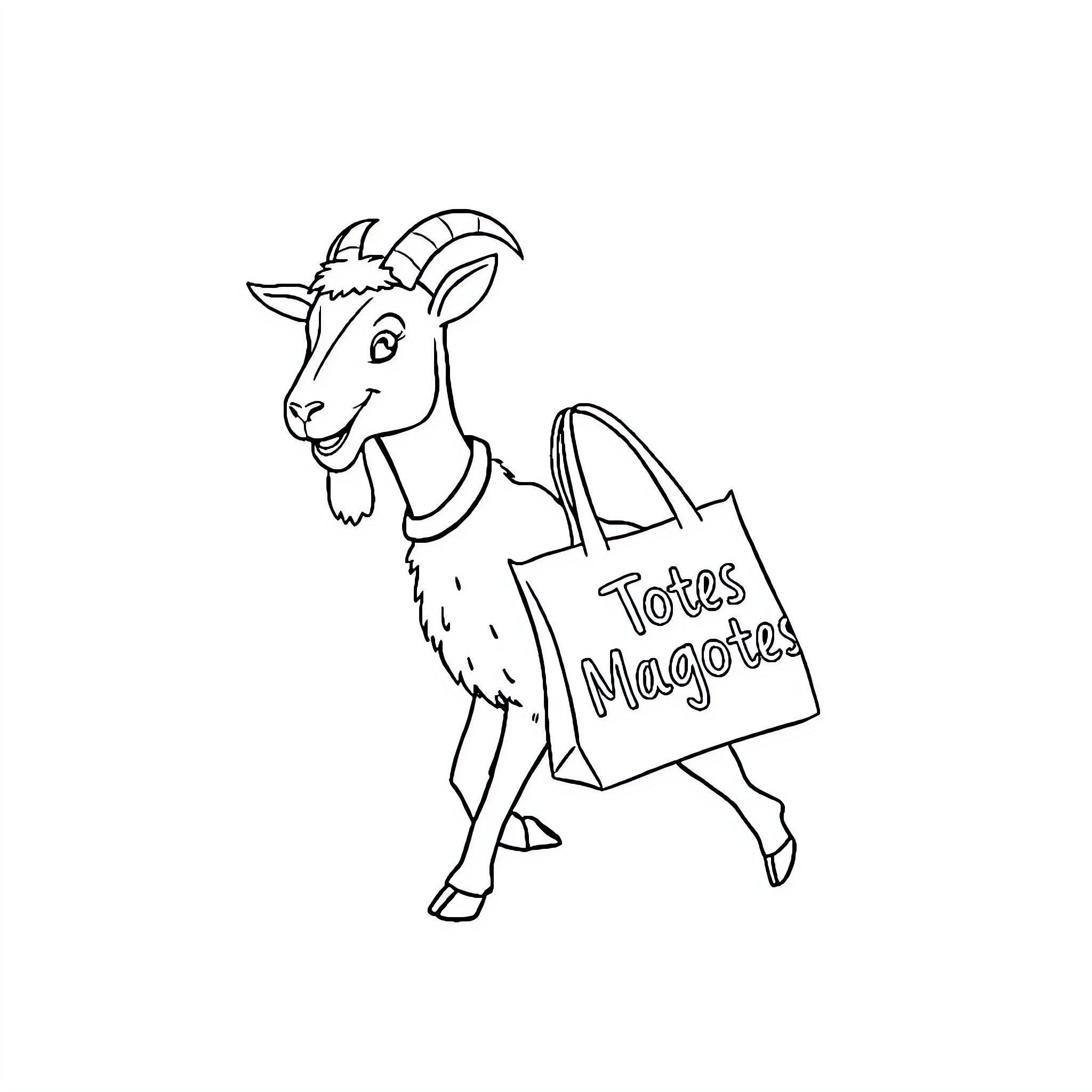 Goat carrying grocery bag with message Coloring Page (free black-and-white line drawing printable PDF for all, from beginners to advanced learners, including children, teens, adults, and seniors)