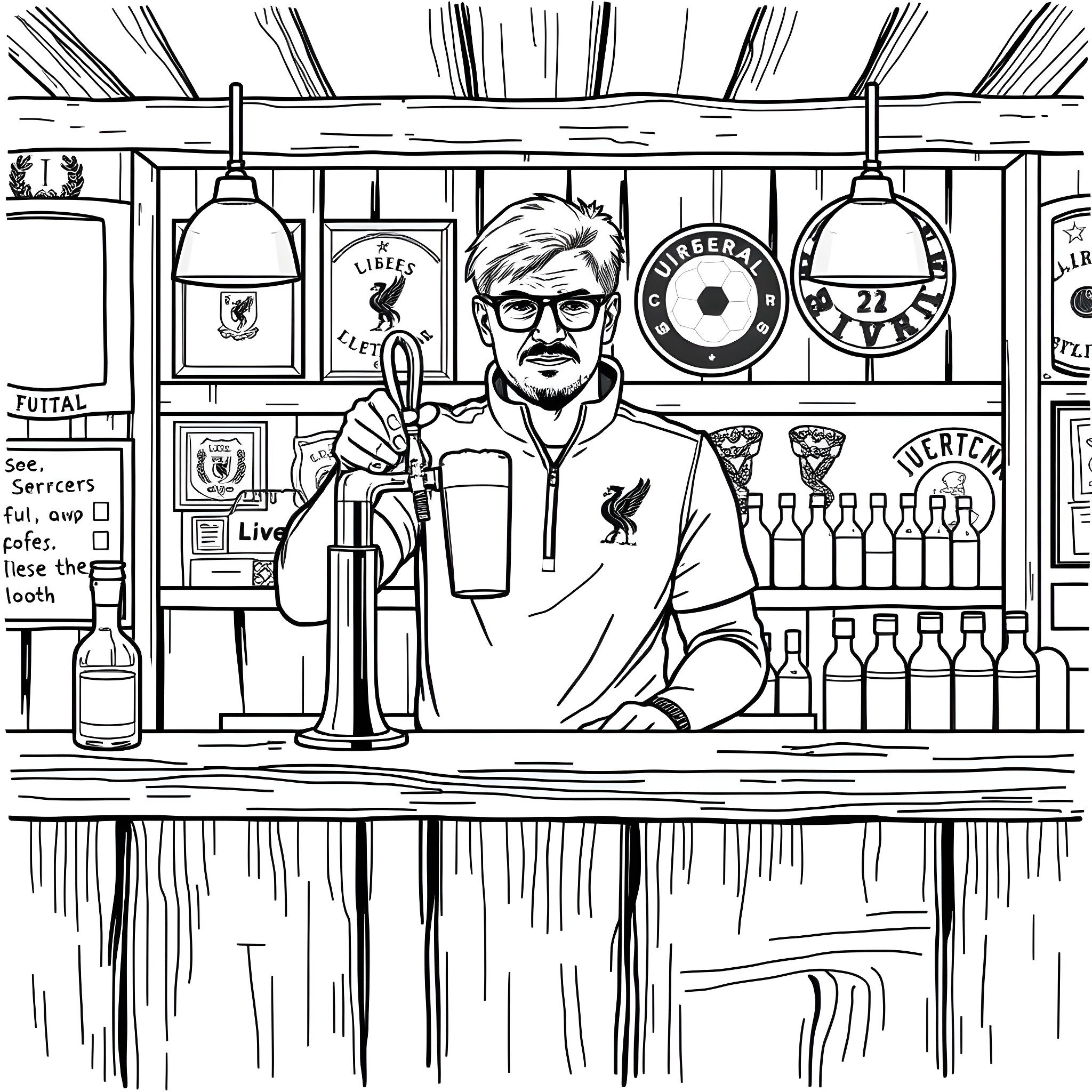 Jurgen Klopp serving drinks at a bar Coloring Page (free black-and-white line drawing printable PDF for all, from beginners to advanced learners, including children, teens, adults, and seniors)