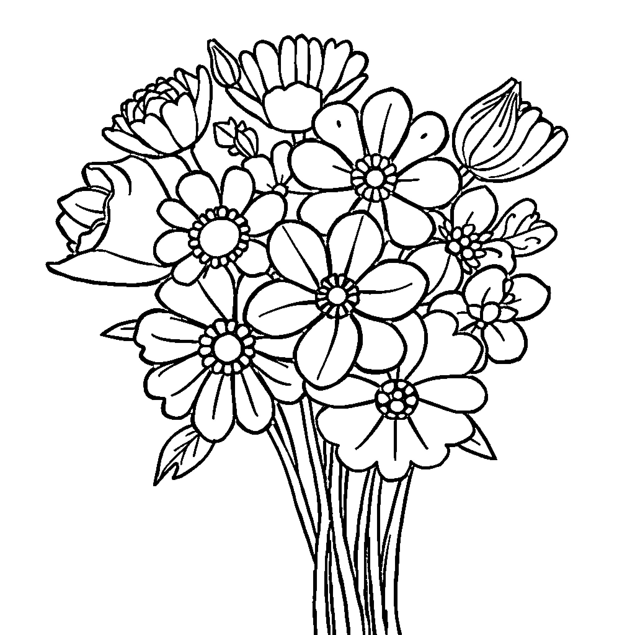Flower bouquet arrangement with blooming flowers Coloring Page (free black-and-white line drawing printable PDF for all, from beginners to advanced learners, including children, teens, adults, and seniors)