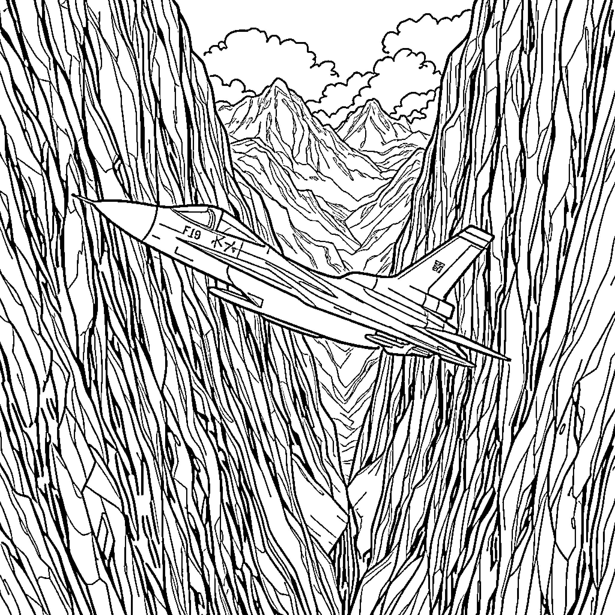 F-16 Fighter Jet Soaring over Rugged Terrain Coloring Page (free black-and-white line drawing printable PDF for all, from beginners to advanced learners, including children, teens, adults, and seniors)