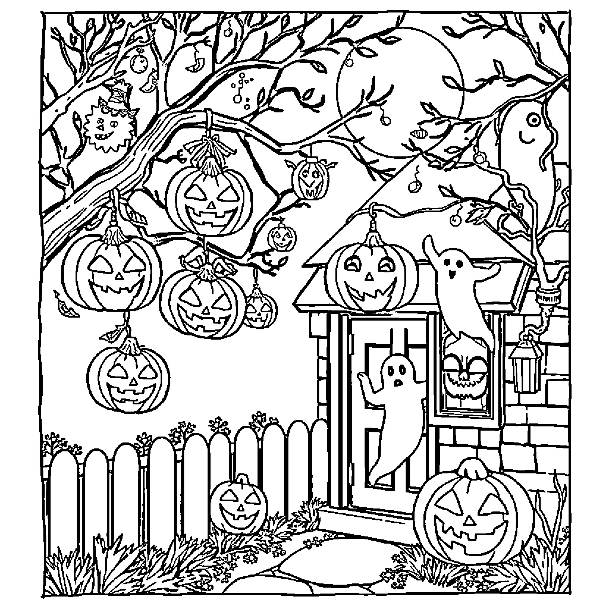 Halloween spooky decorations and haunted house Coloring Page (free black-and-white line drawing printable PDF for all, from beginners to advanced learners, including children, teens, adults, and seniors)