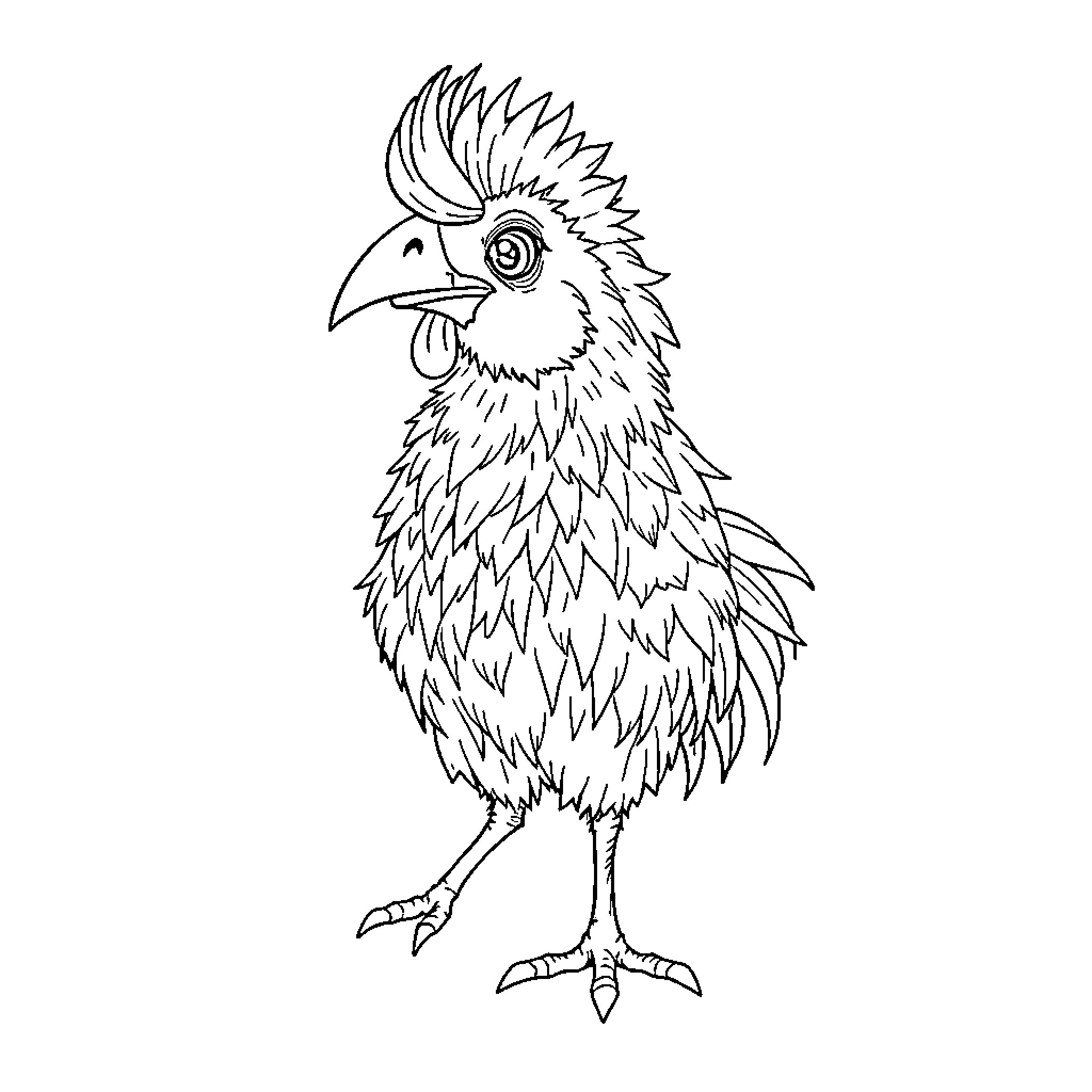 Cuy Rooster in Distinctive Attire Coloring Page (free black-and-white line drawing printable PDF for all, from beginners to advanced learners, including children, teens, adults, and seniors)