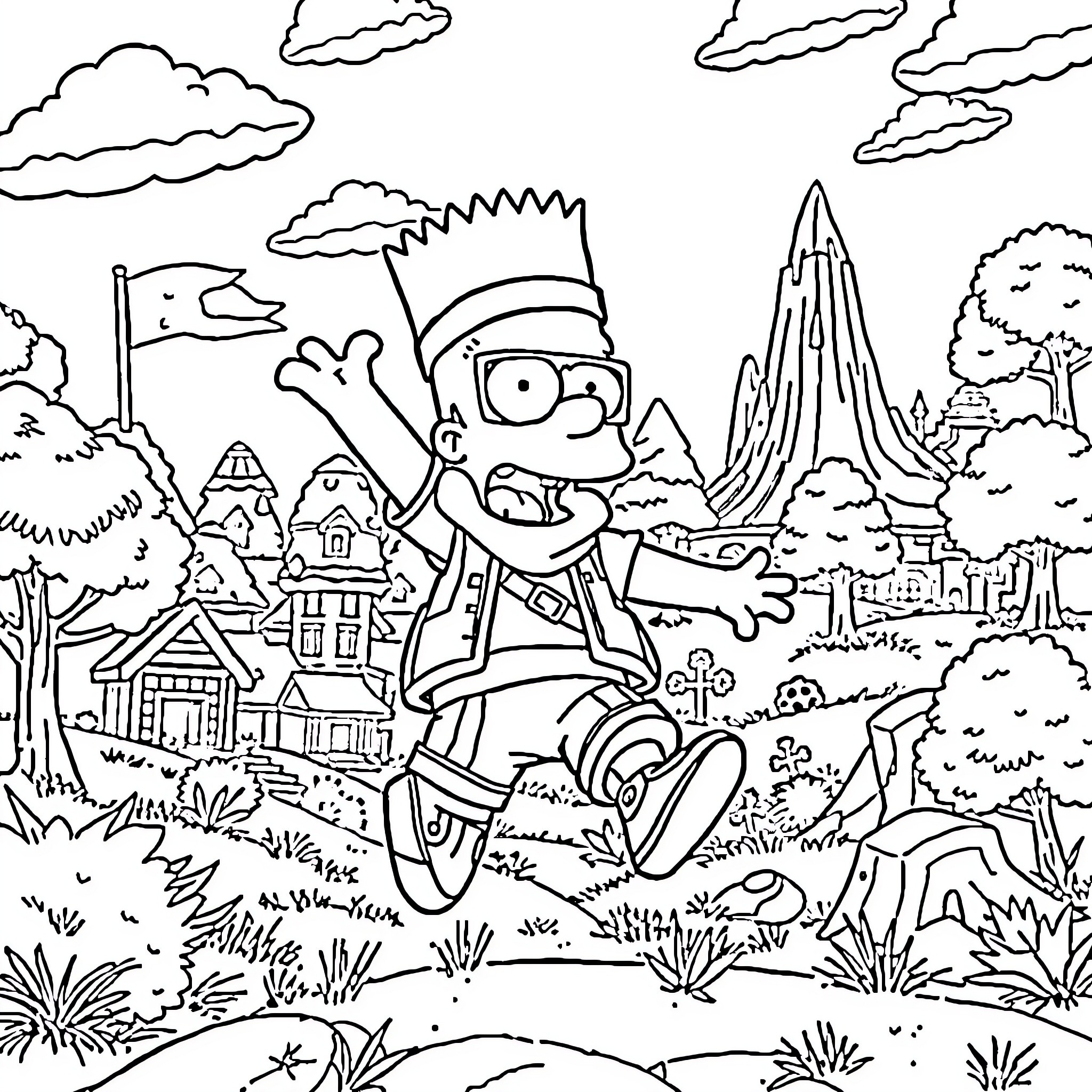 Bart Simpson's Carefree Adventure in a Whimsical Landscape Coloring Page (free black-and-white line drawing printable PDF for all, from beginners to advanced learners, including children, teens, adults, and seniors)