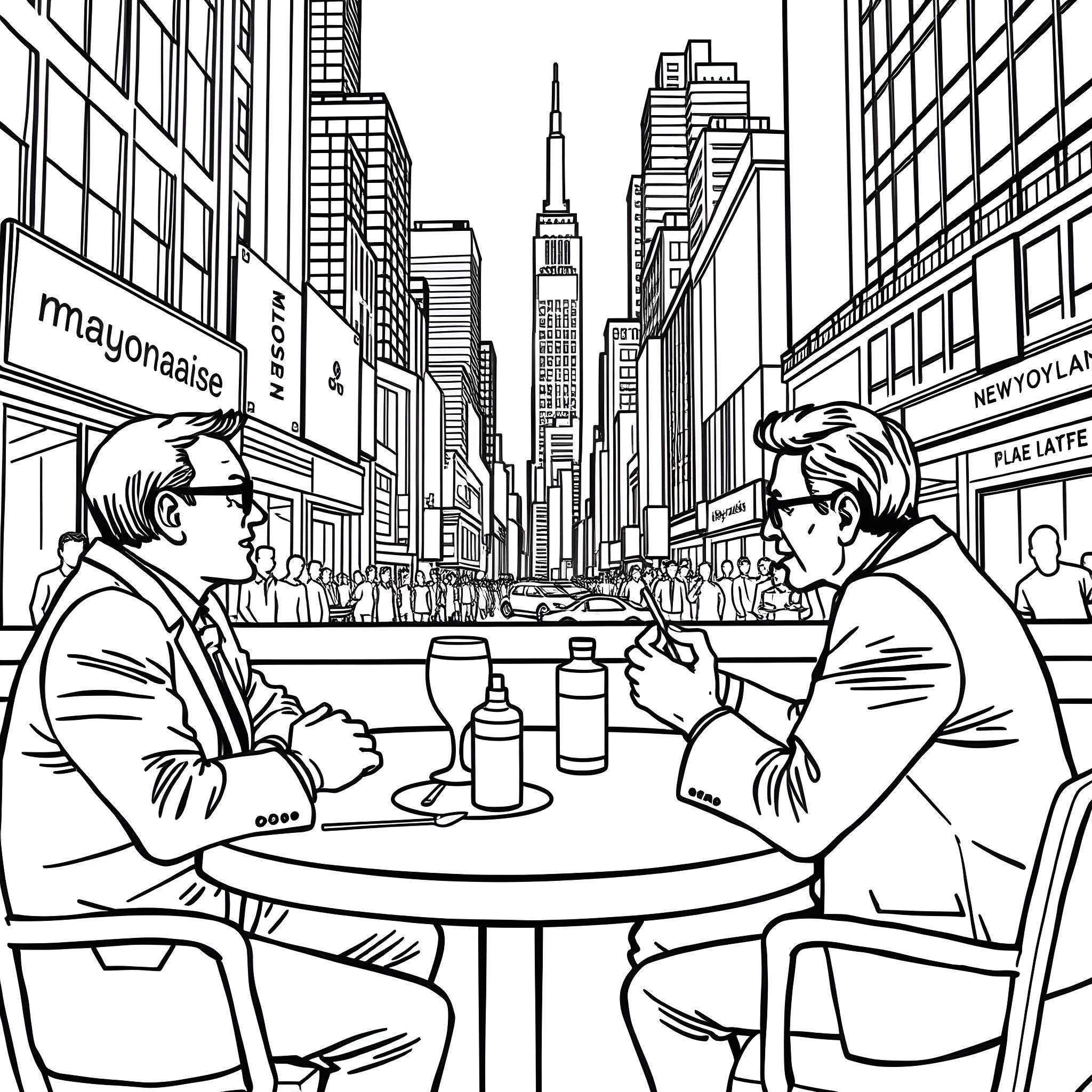 Lawyer discussing business over drinks in New York City Coloring Page (free black-and-white line drawing printable PDF for all, from beginners to advanced learners, including children, teens, adults, and seniors)