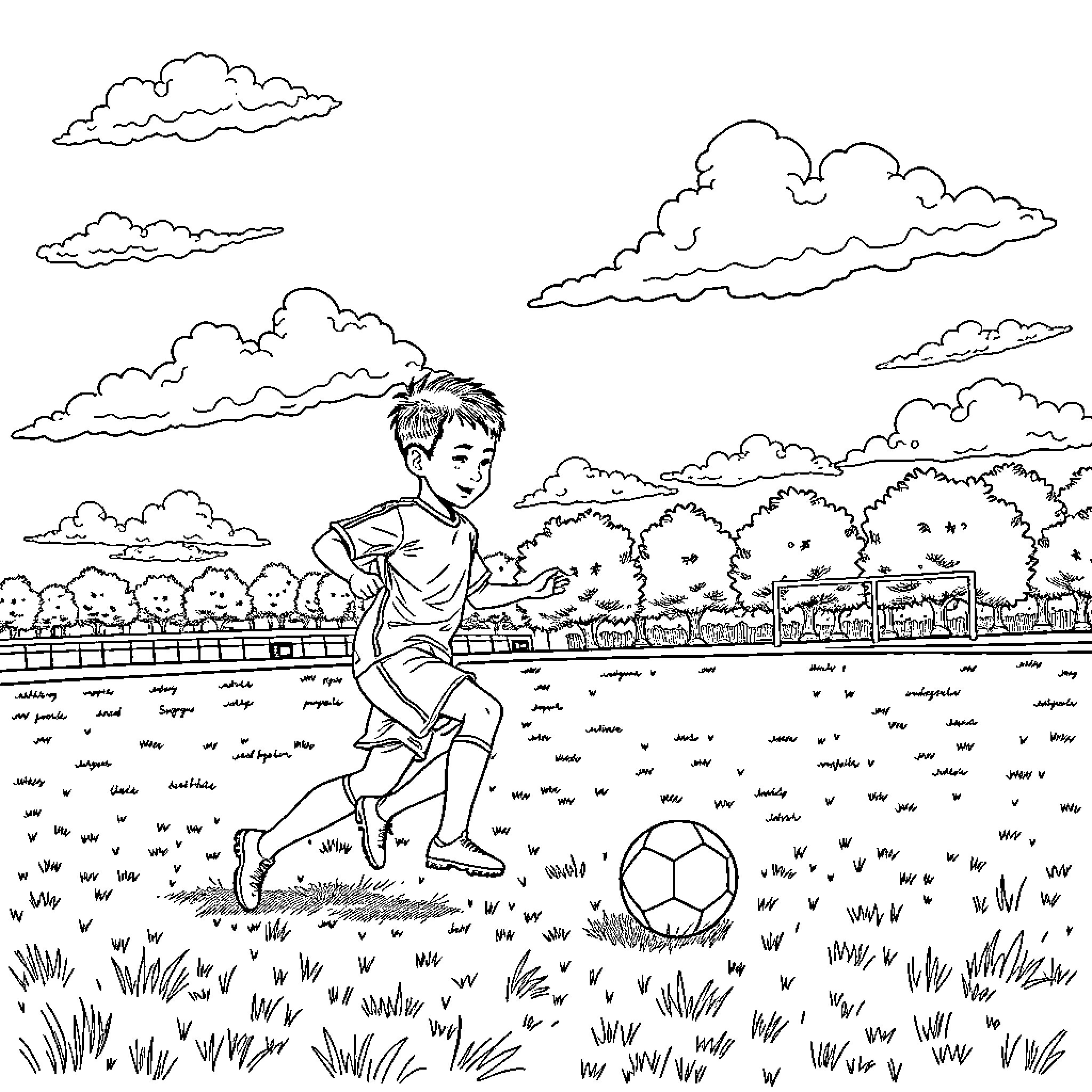 Sangokou playing soccer in the countryside Coloring Page (free black-and-white line drawing printable PDF for all, from beginners to advanced learners, including children, teens, adults, and seniors)