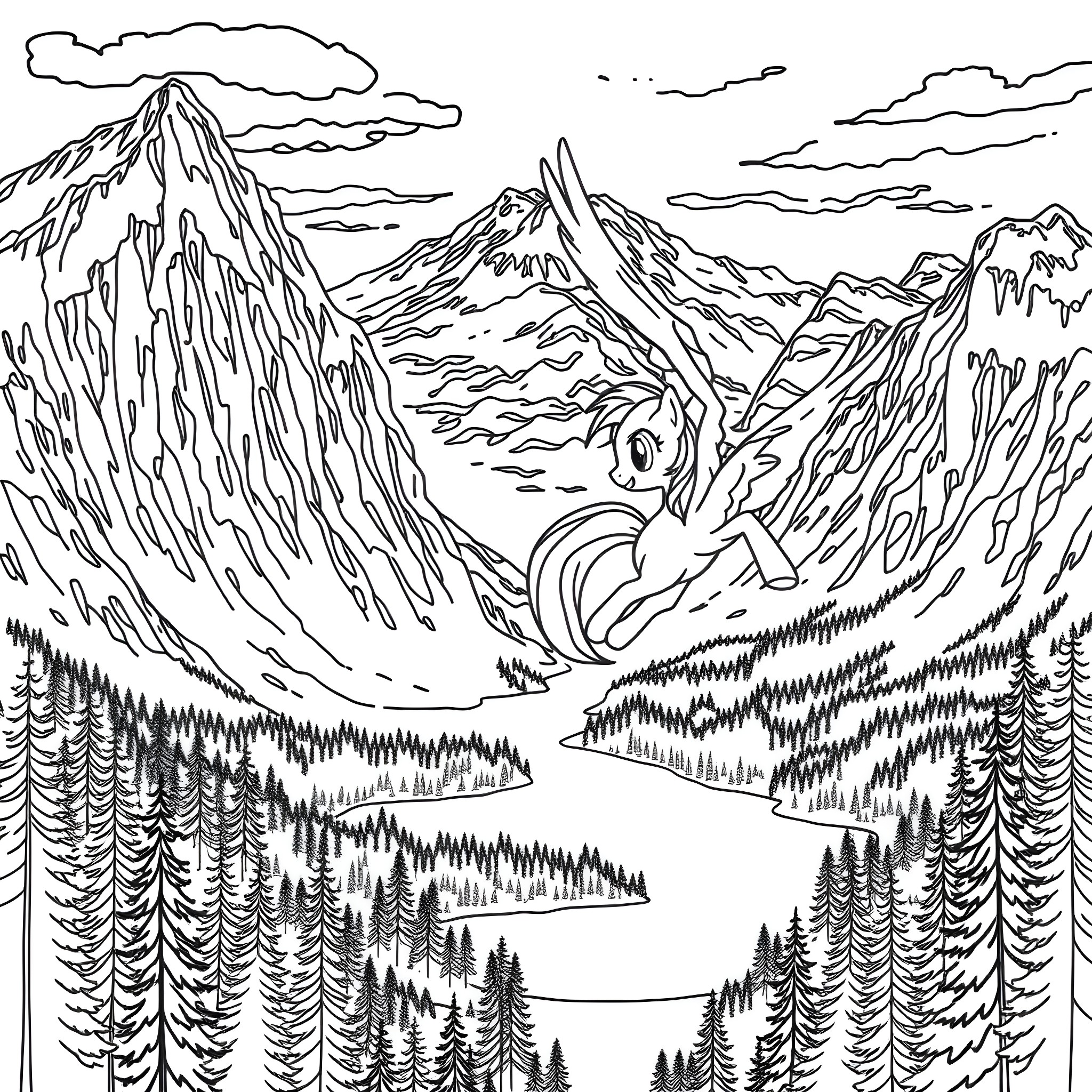 Rainbow Dash soaring through majestic mountain scenery Coloring Page (free black-and-white line drawing printable PDF for all, from beginners to advanced learners, including children, teens, adults, and seniors)