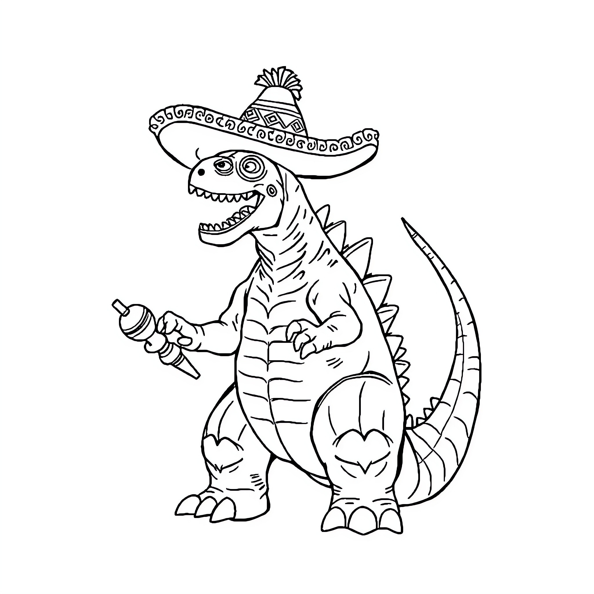 Godzilla wearing a sombrero and holding maracas Coloring Page (free black-and-white line drawing printable PDF for all, from beginners to advanced learners, including children, teens, adults, and seniors)