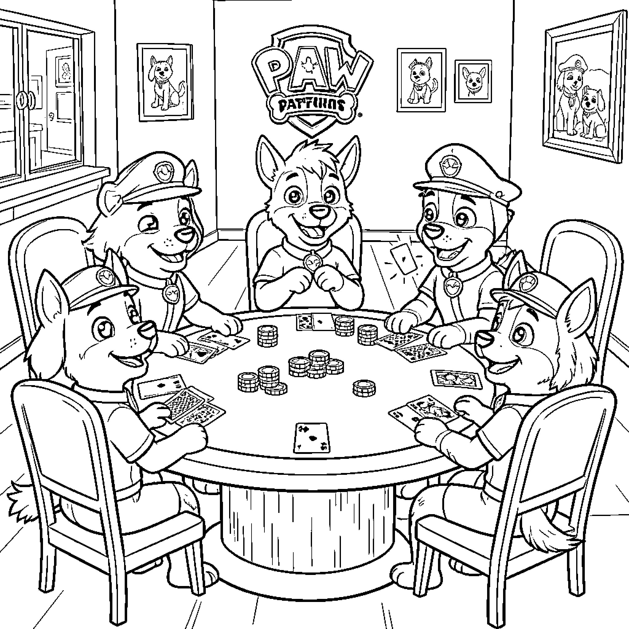 Paw Patrol Dog characters playing cards around a table Coloring Page (free black-and-white line drawing printable PDF for all, from beginners to advanced learners, including children, teens, adults, and seniors)