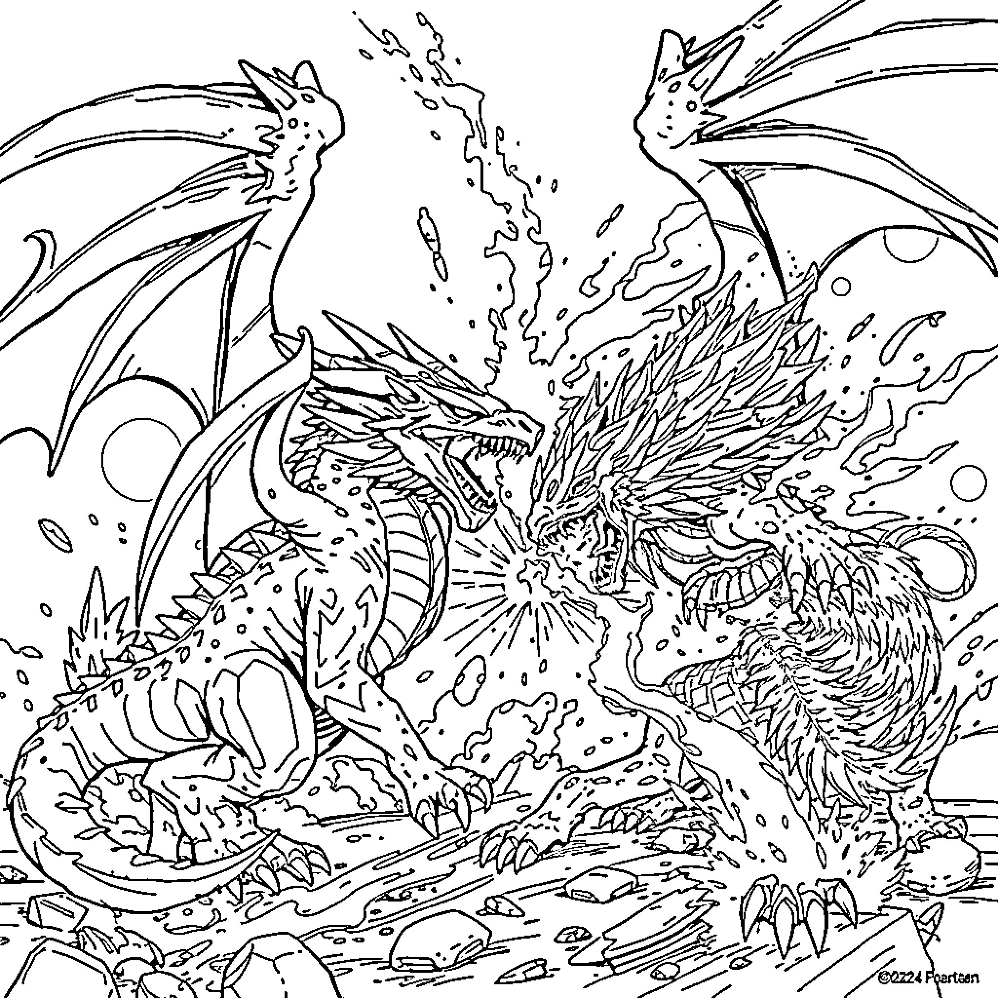 Rathalos fighting and attacking fearlessly Coloring Page (free black-and-white line drawing printable PDF for all, from beginners to advanced learners, including children, teens, adults, and seniors)