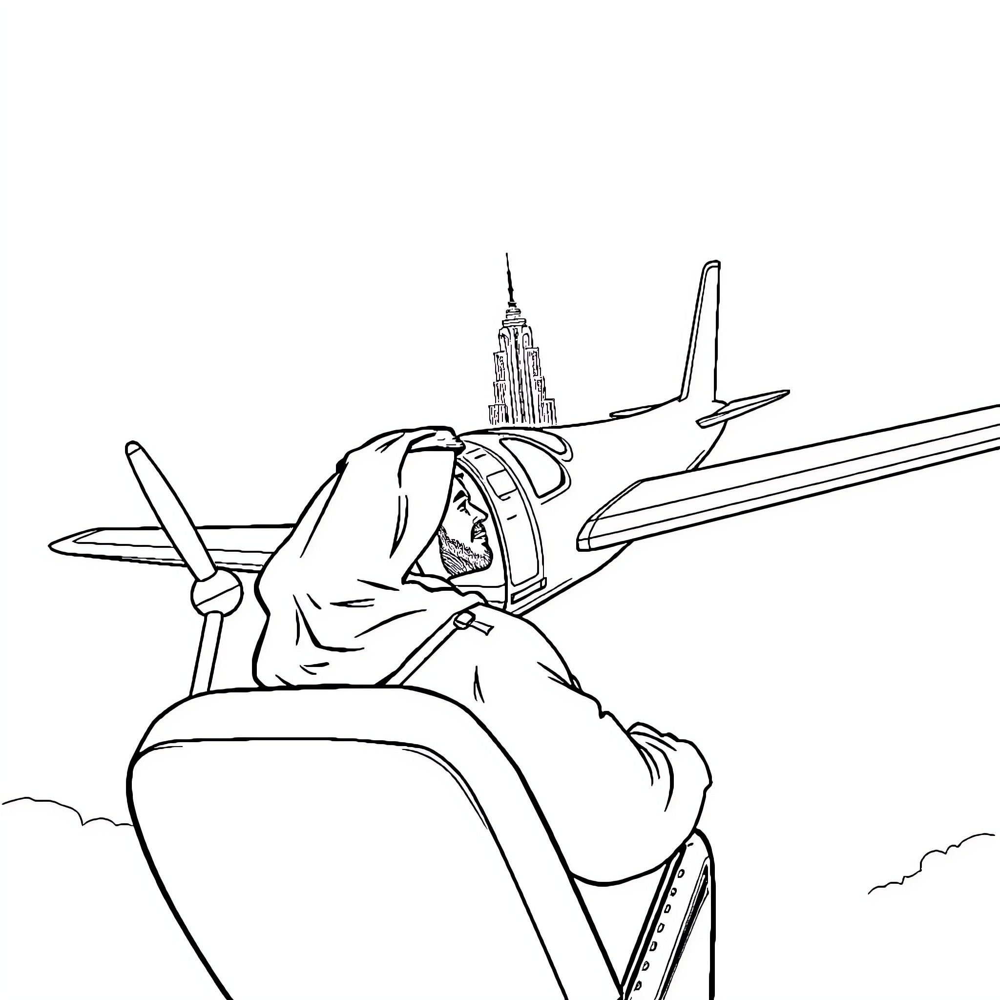 Plane flying over the city skyline Coloring Page (free black-and-white line drawing printable PDF for all, from beginners to advanced learners, including children, teens, adults, and seniors)