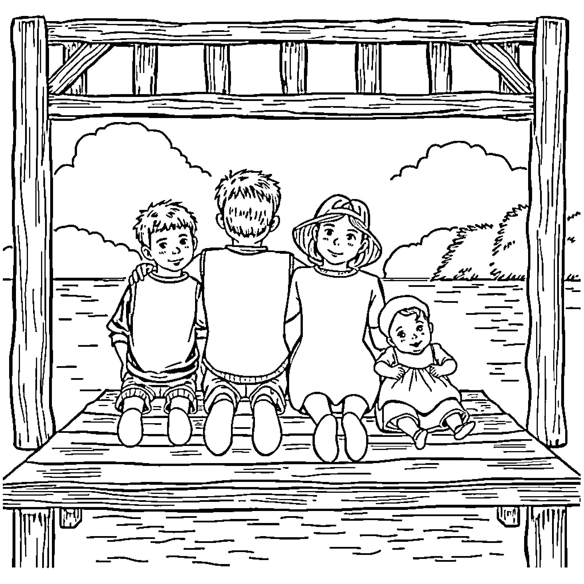 Boy Friends Exploring the Outdoors Coloring Page (free black-and-white line drawing printable PDF for all, from beginners to advanced learners, including children, teens, adults, and seniors)