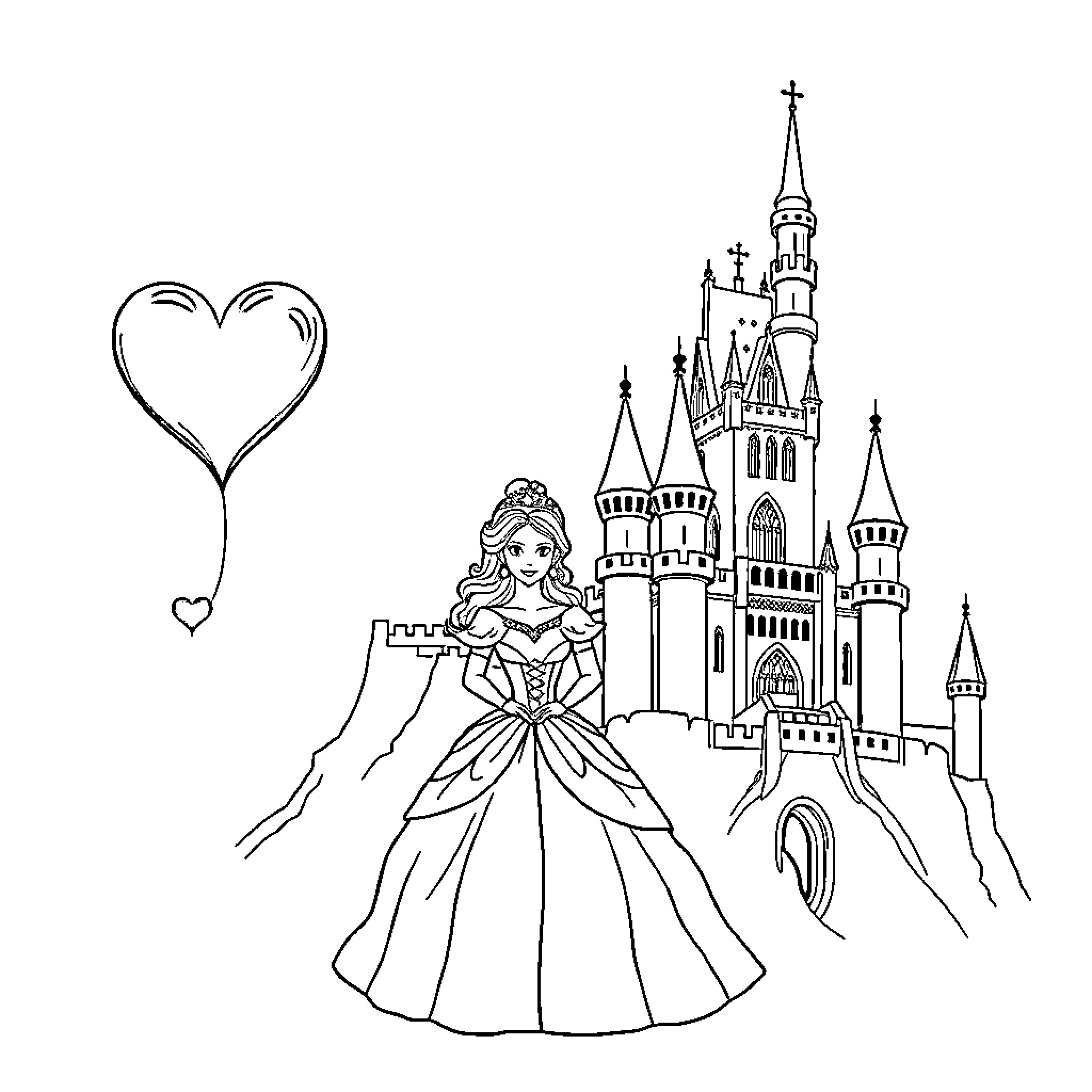 Heart-shaped castle and princess in elegant gown Coloring Page (free black-and-white line drawing printable PDF for all, from beginners to advanced learners, including children, teens, adults, and seniors)