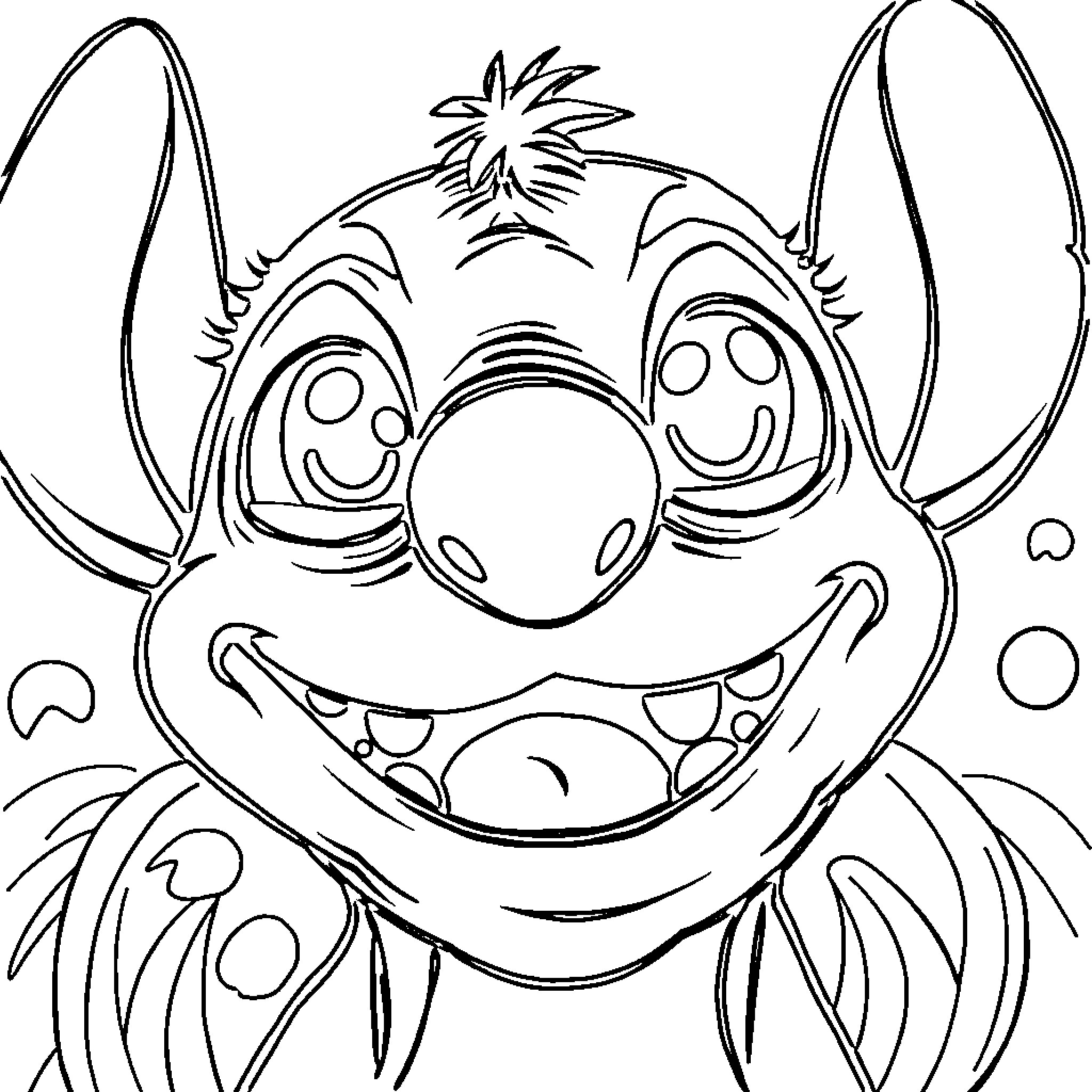 Stitch's Cheerful Expression and Ears Coloring Page (free black-and-white line drawing printable PDF for all, from beginners to advanced learners, including children, teens, adults, and seniors)