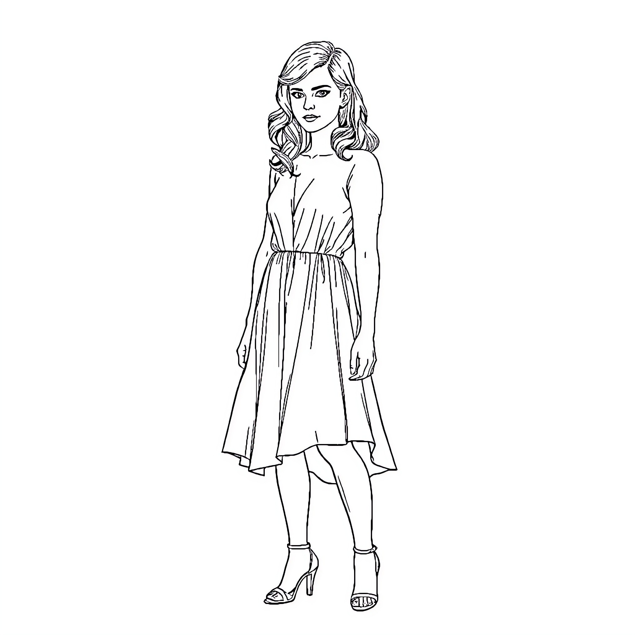 Emma Watson in a flowing dress with a stylish look Coloring Page (free black-and-white line drawing printable PDF for all, from beginners to advanced learners, including children, teens, adults, and seniors)