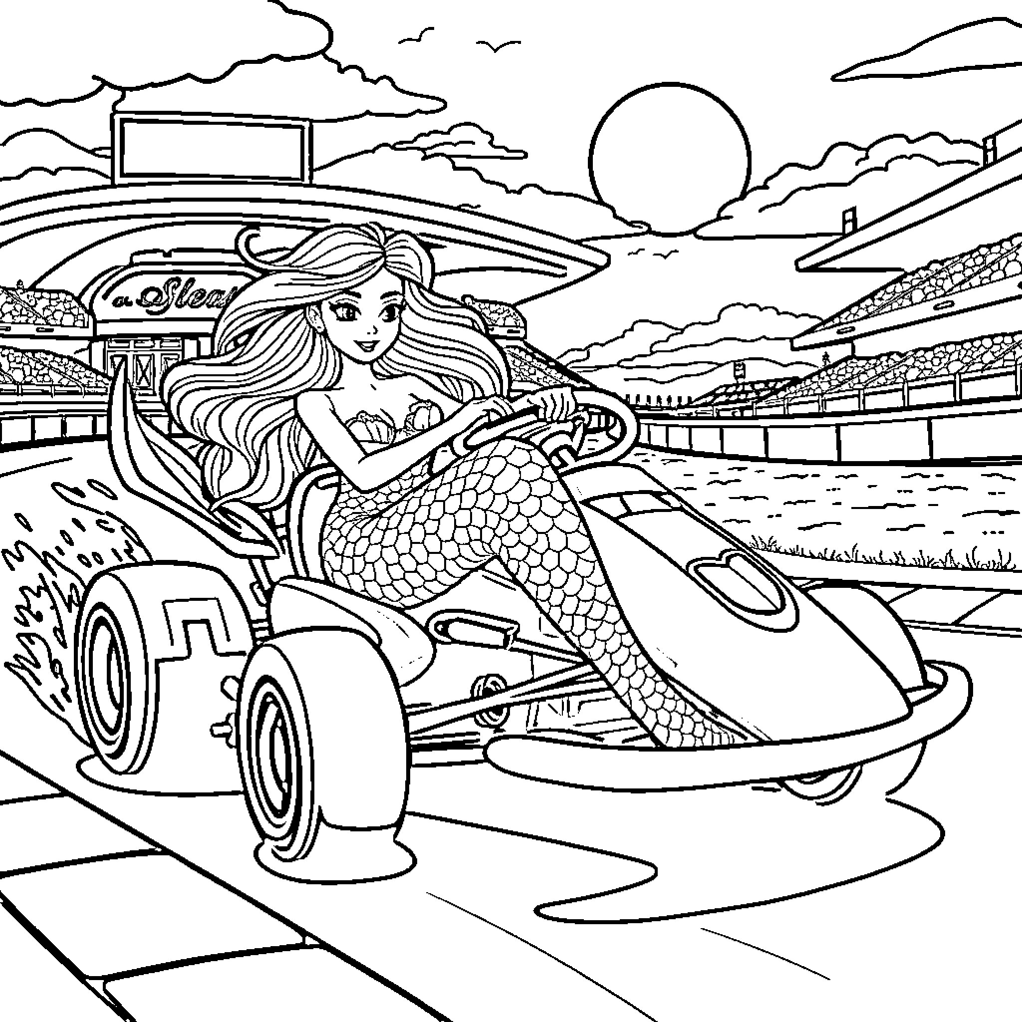 Mermaid driving a sleek race car on the beach Coloring Page (free black-and-white line drawing printable PDF for all, from beginners to advanced learners, including children, teens, adults, and seniors)