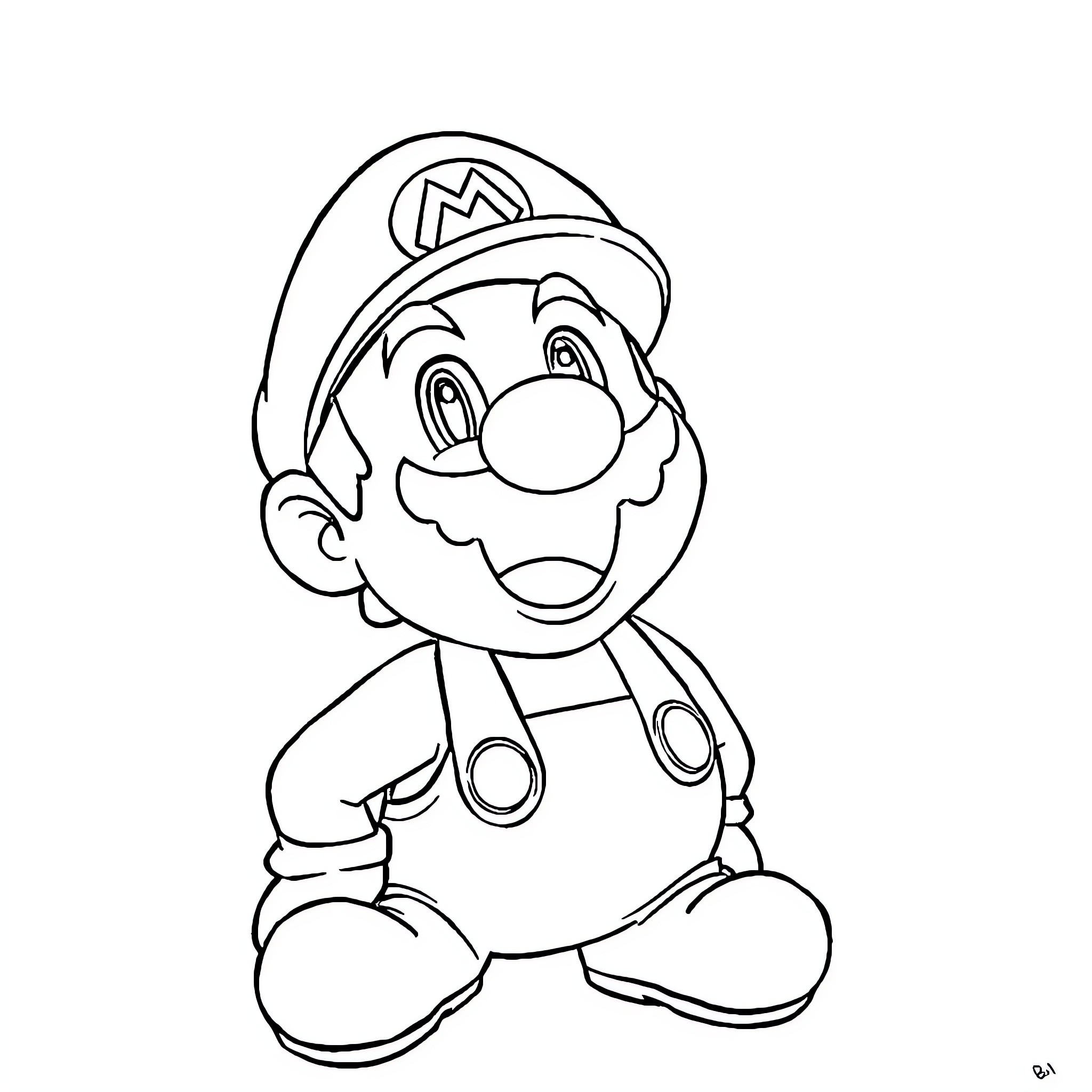 Mario the Plumber's Cheerful Pose Coloring Page (free black-and-white line drawing printable PDF for all, from beginners to advanced learners, including children, teens, adults, and seniors)