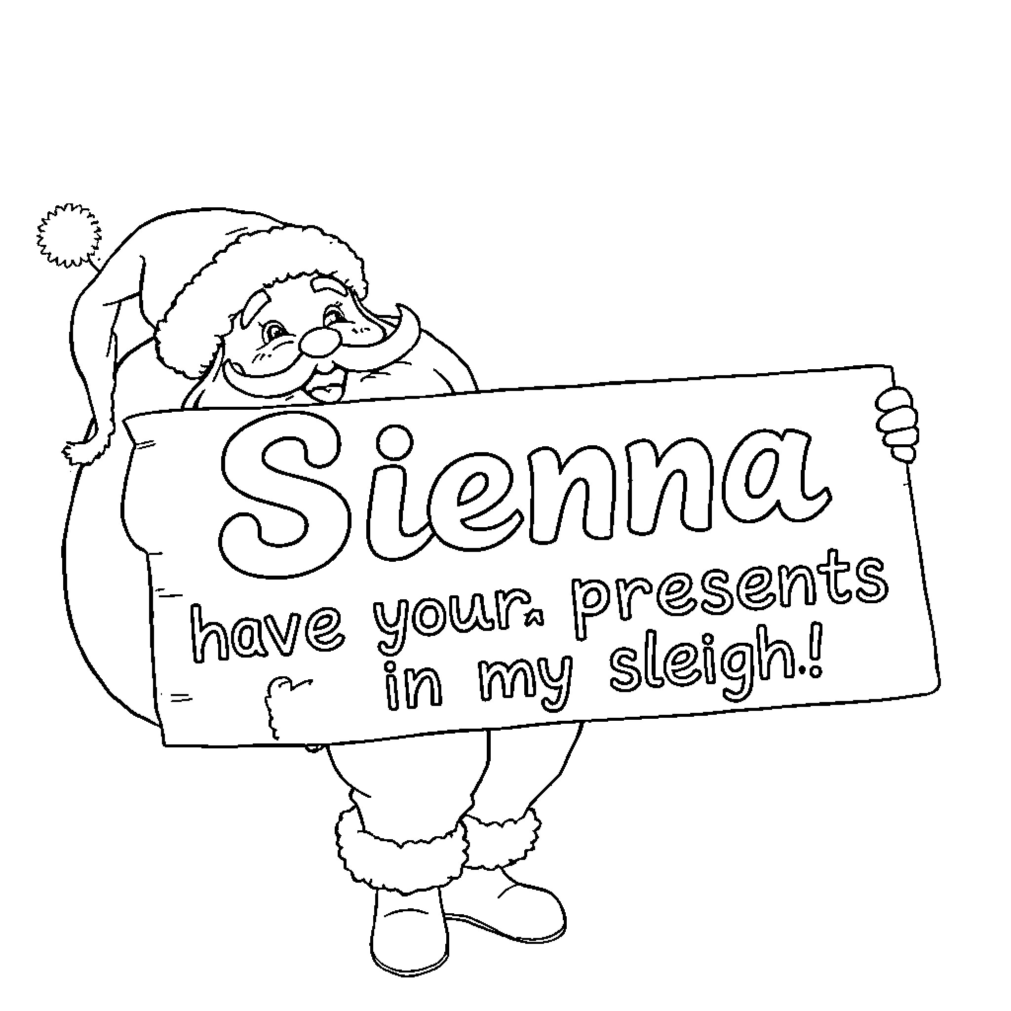 Santa holds a sign to have your presents Coloring Page (free black-and-white line drawing printable PDF for all, from beginners to advanced learners, including children, teens, adults, and seniors)