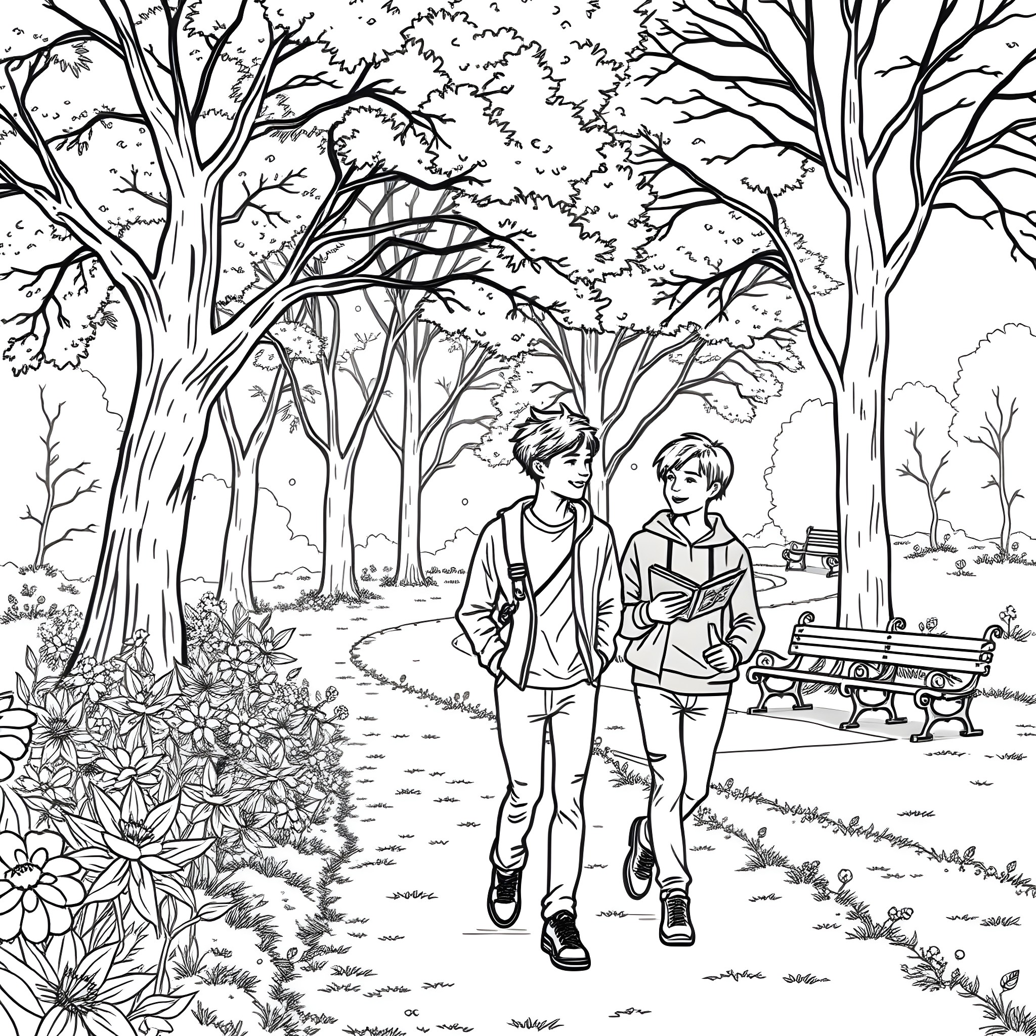 Teen Guy Enjoys Peaceful Walk in Vibrant Outdoor Park Coloring Page (free black-and-white line drawing printable PDF for all, from beginners to advanced learners, including children, teens, adults, and seniors)