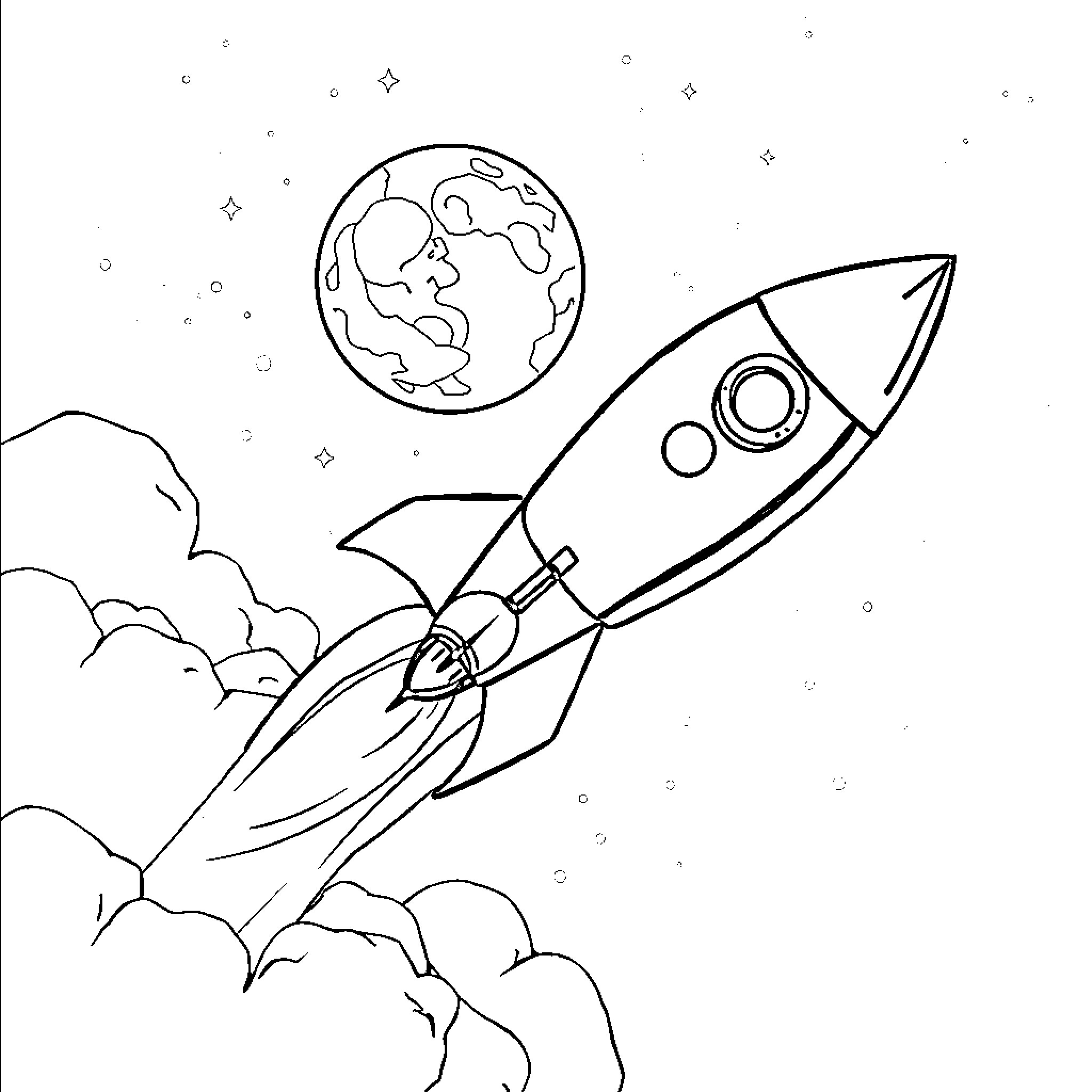 Rocket Blasting Off into Space Coloring Page (free black-and-white line drawing printable PDF for all, from beginners to advanced learners, including children, teens, adults, and seniors)