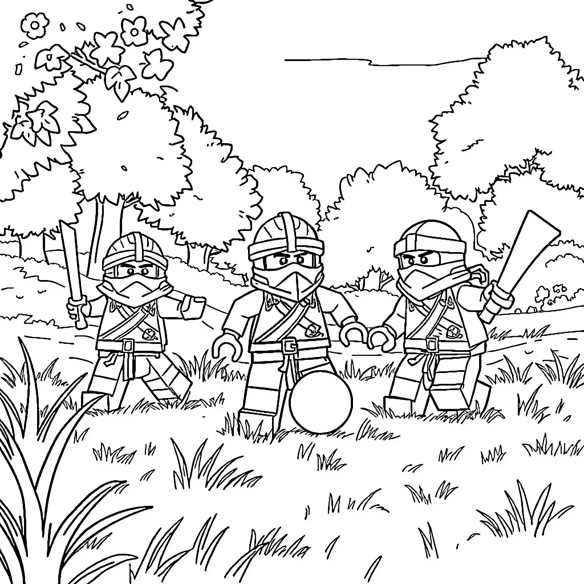 Ninjago Ninja Warriors in Outdoor Adventure Coloring Page (free black-and-white line drawing printable PDF for all, from beginners to advanced learners, including children, teens, adults, and seniors)