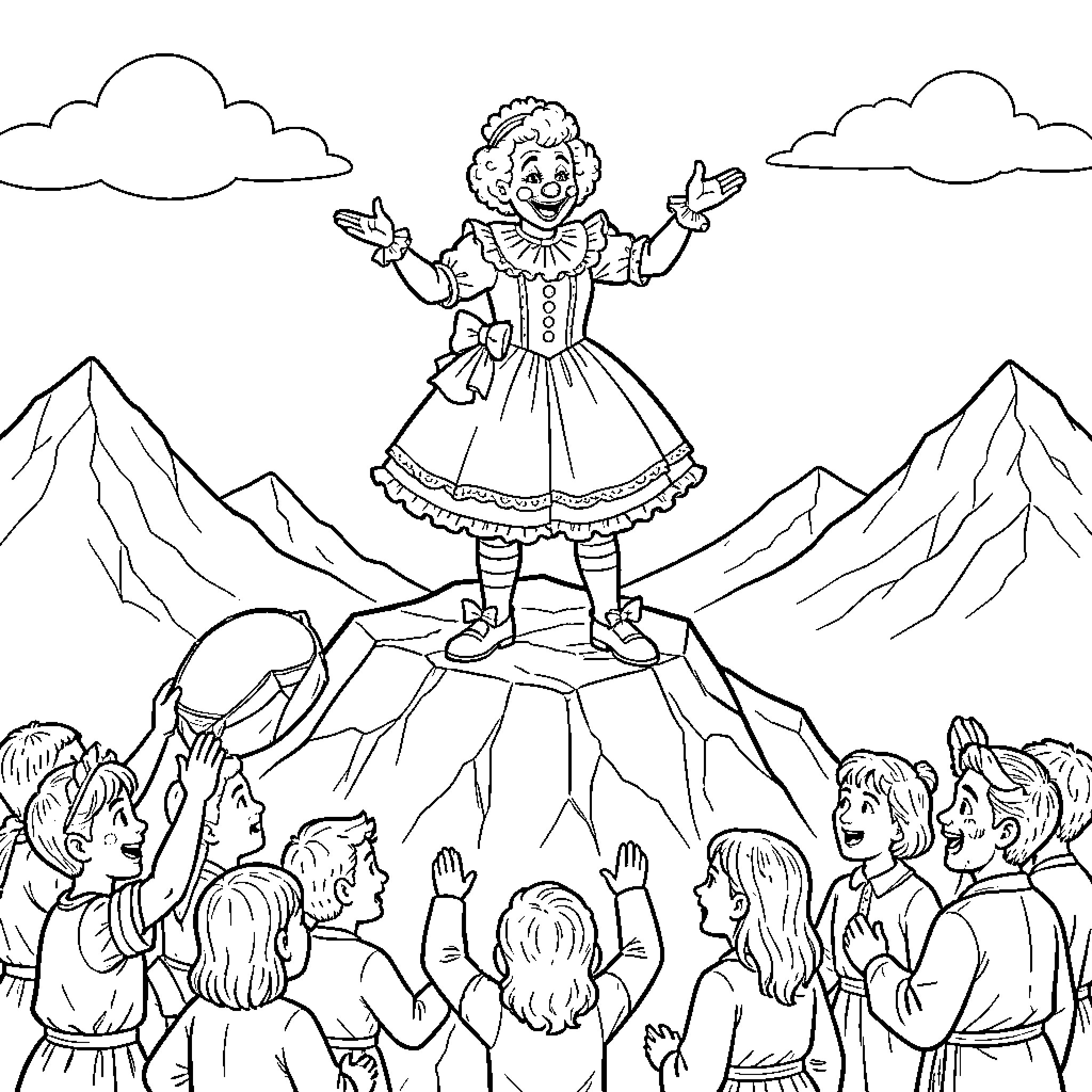Clown performing joyfully on a mountain for children Coloring Page (free black-and-white line drawing printable PDF for all, from beginners to advanced learners, including children, teens, adults, and seniors)