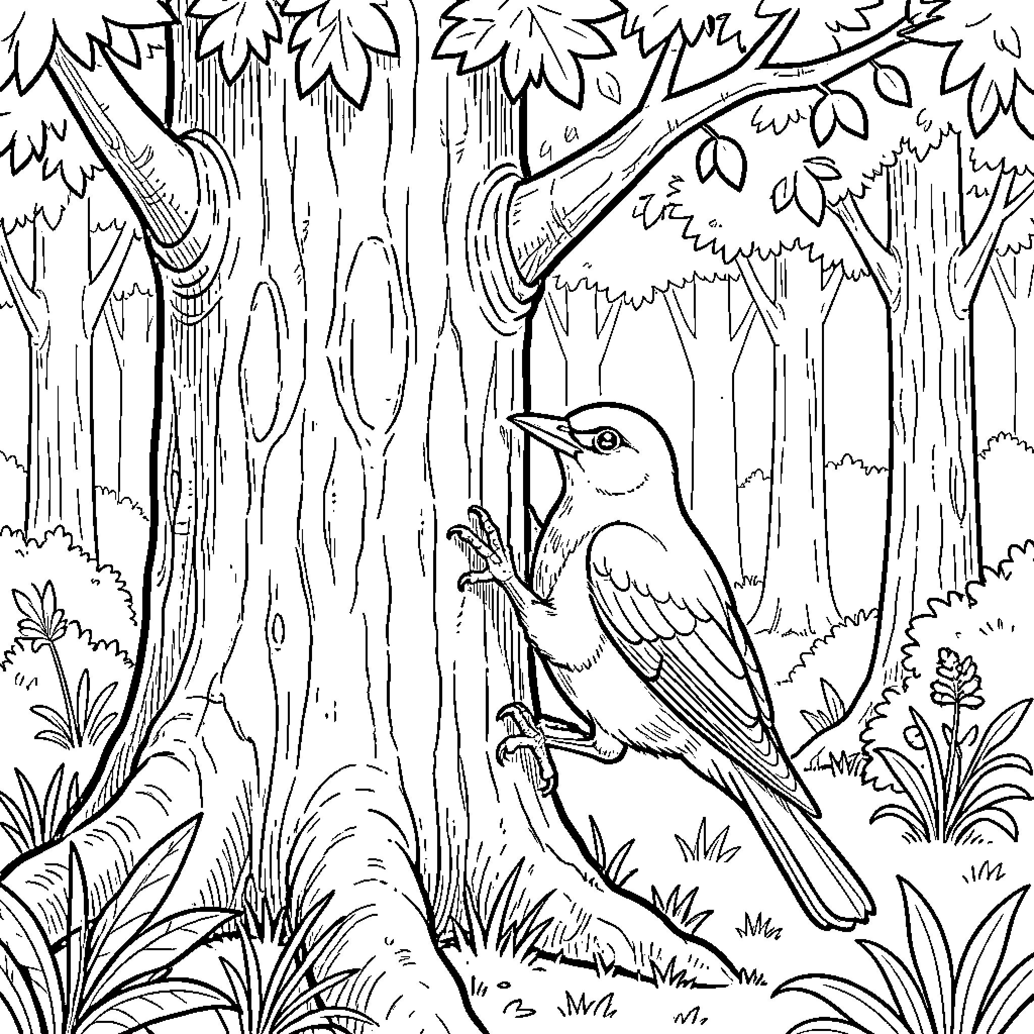 Woodpecker clinging to a large tree trunk in the forest Coloring Page (free black-and-white line drawing printable PDF for all, from beginners to advanced learners, including children, teens, adults, and seniors)