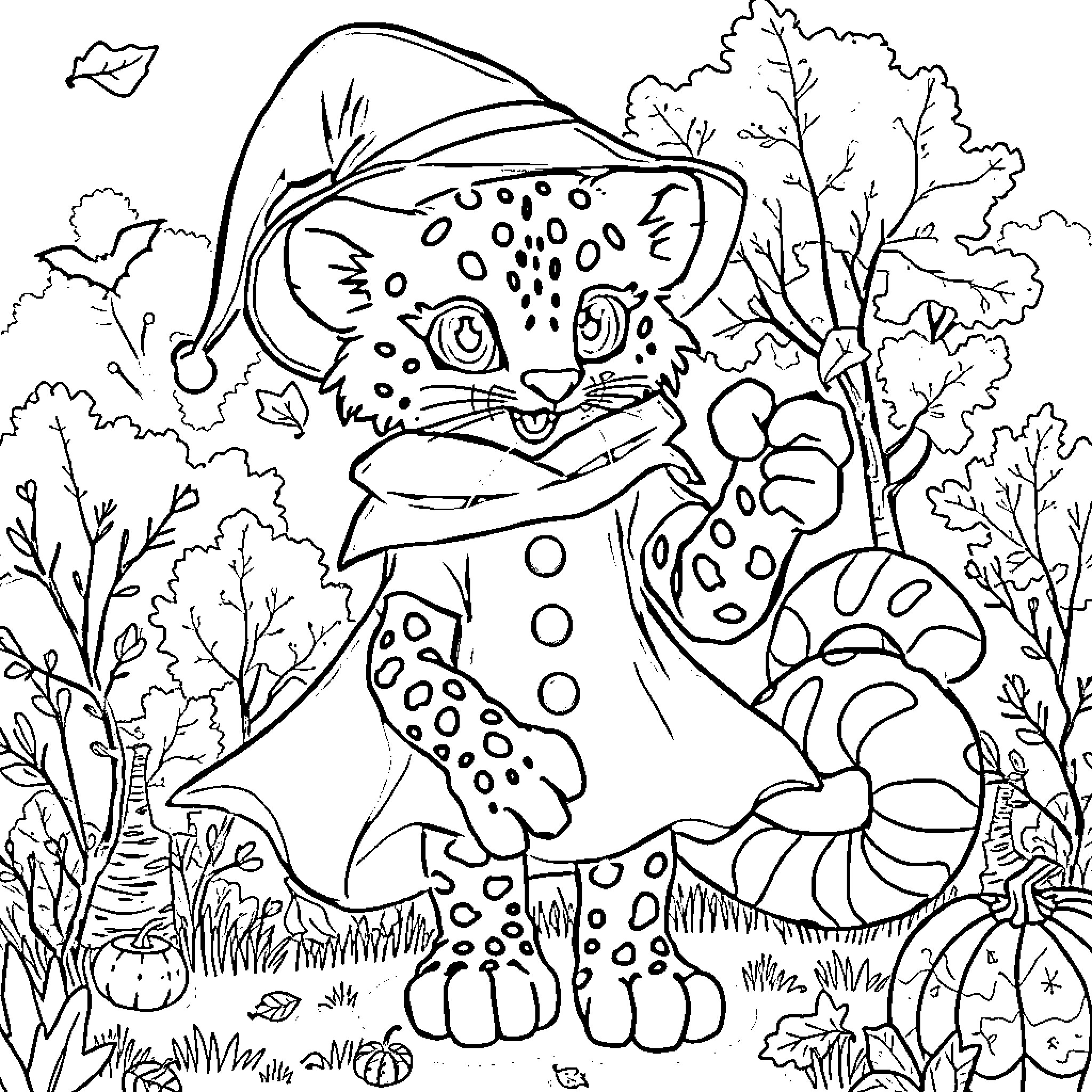 Snow Leopard enjoying the outdoors on a snowy day Coloring Page (free black-and-white line drawing printable PDF for all, from beginners to advanced learners, including children, teens, adults, and seniors)