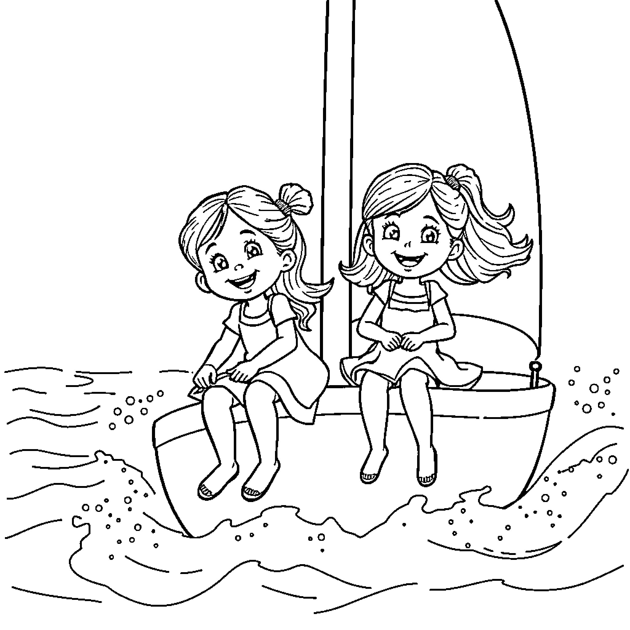 Girls swinging on a boat Coloring Page (free black-and-white line drawing printable PDF for all, from beginners to advanced learners, including children, teens, adults, and seniors)